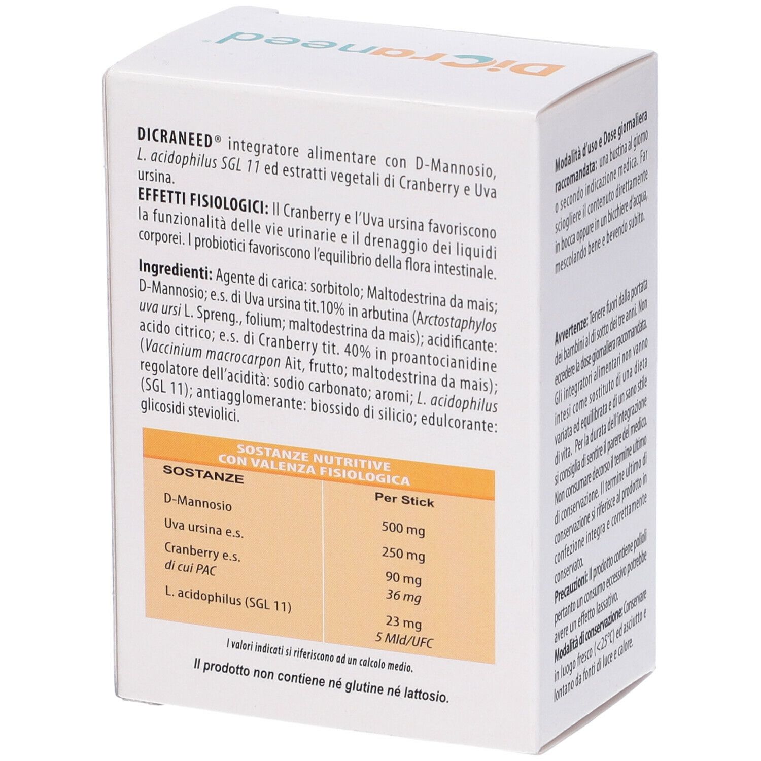 Scatola con informazioni sugli ingredienti e tabella nutrizionale. Design verde e bianco. Testo.
