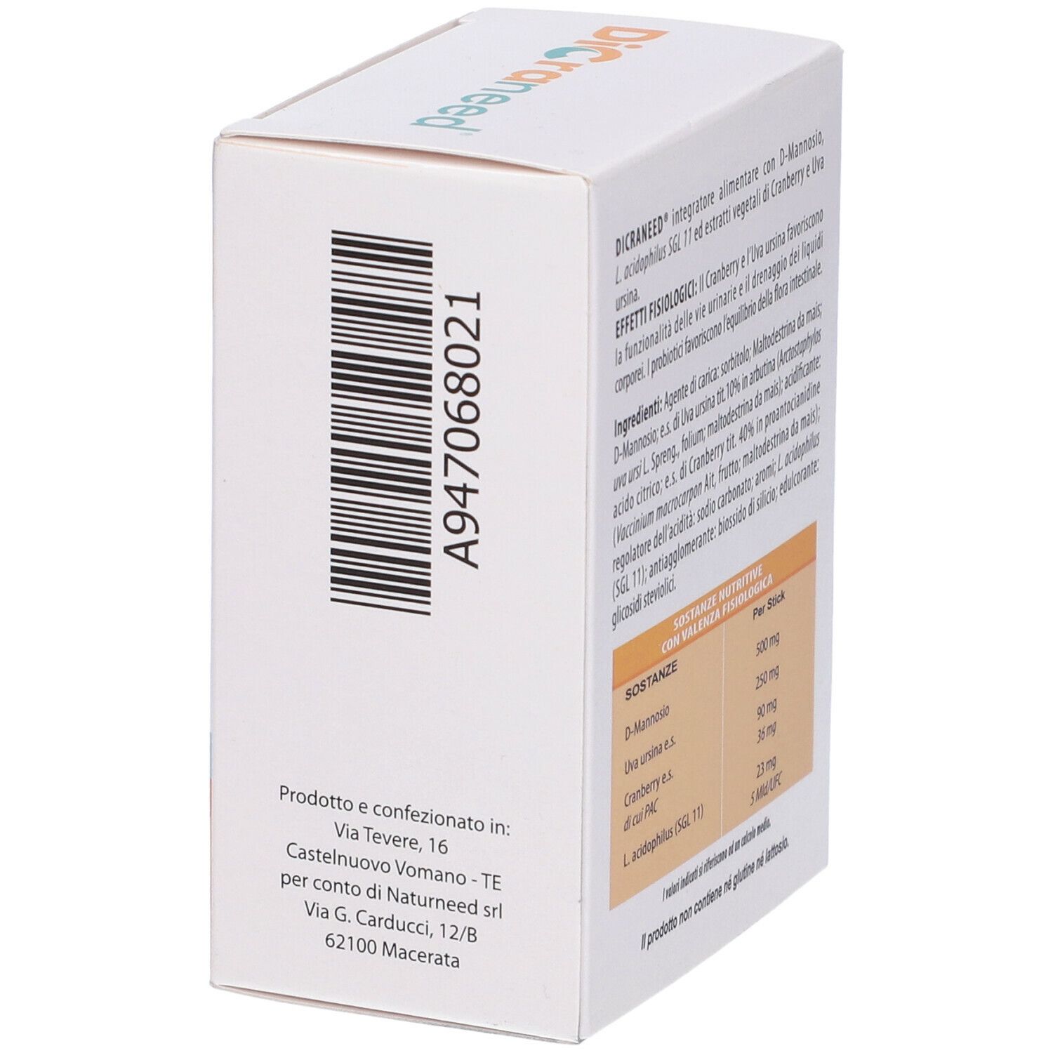 Scatola con codice a barre e indirizzo del produttore. Design verde e bianco. Testo.