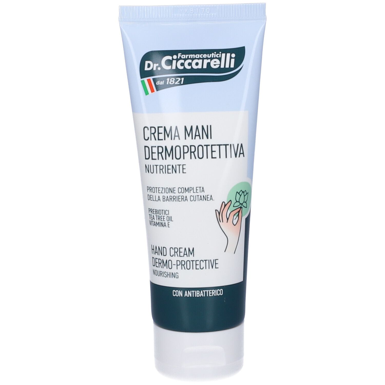 Tubo di crema con nome e logo del prodotto. Contiene crema mani antibatterica. Confezione blu e bianca.