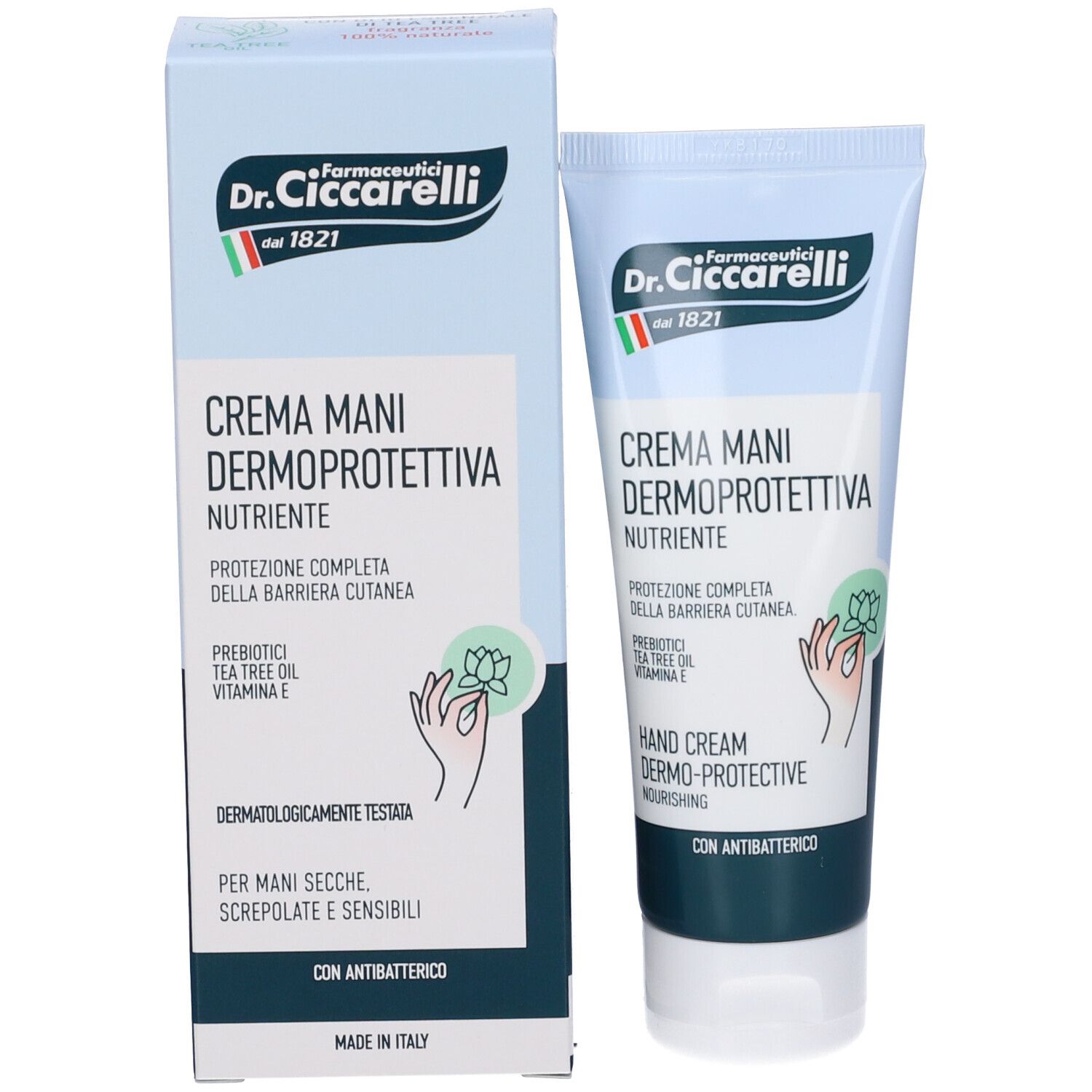 Confezione del prodotto con tubo di crema. Scatola blu e tubo con nome e logo. Crema mani antibatterica.