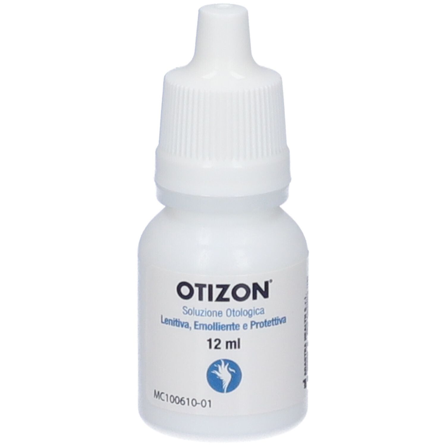 Flacone contagocce bianco con tappo bianco. Scritta: OTIZON, 12 ml. Simbolo mano blu. Nome e dettagli del prodotto.