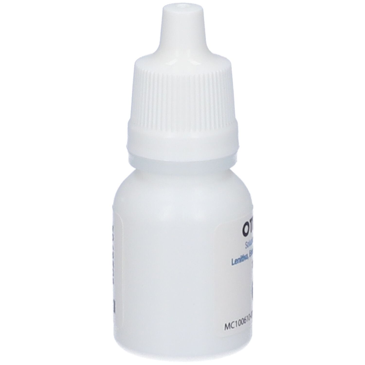 Flacone contagocce bianco con tappo bianco. Scritta sull'etichetta. Nome e dettagli del prodotto.