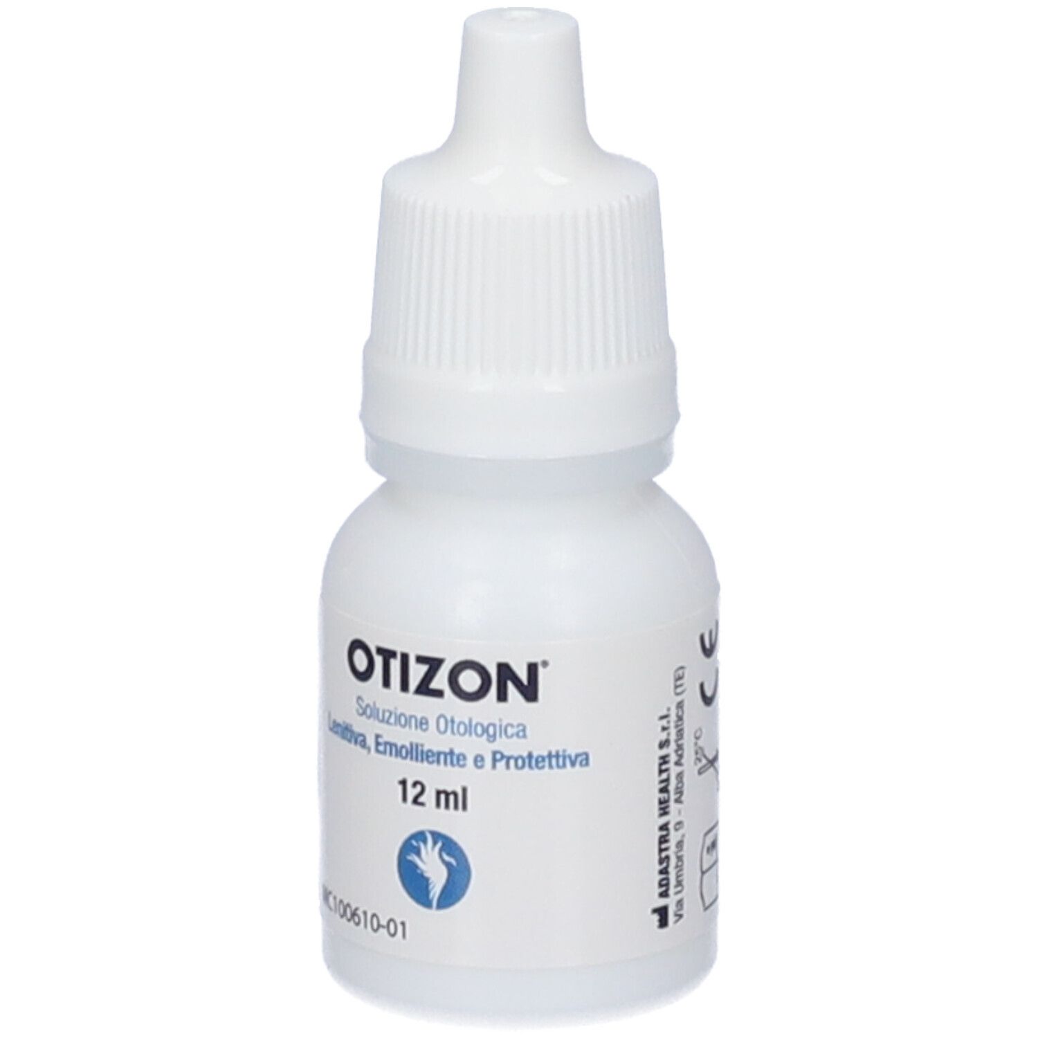 Flacone contagocce bianco con tappo bianco. Scritta: OTIZON, 12 ml. Simbolo mano blu. Nome e dettagli del prodotto.