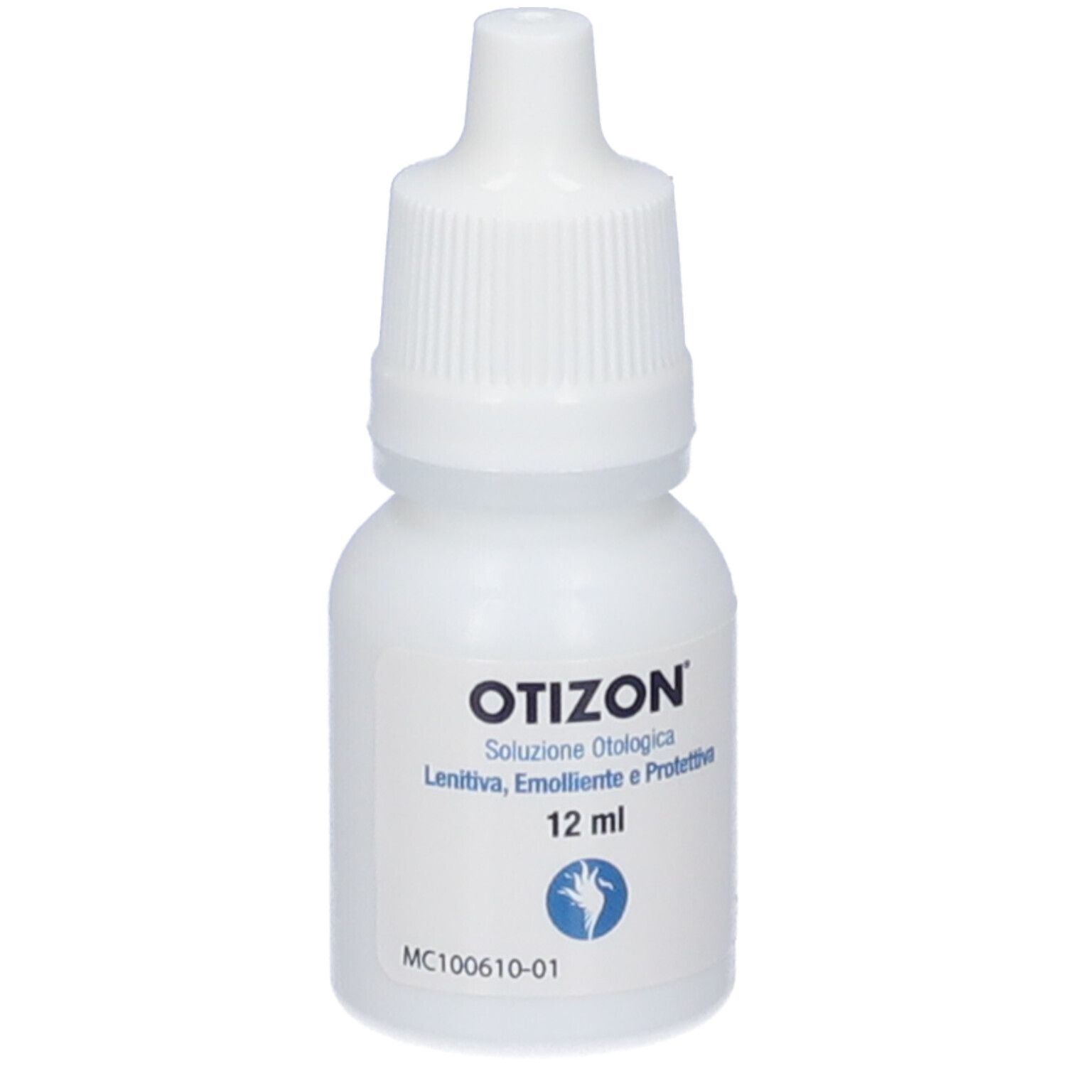 Flacone contagocce bianco con tappo bianco. Scritta: OTIZON, 12 ml. Simbolo mano blu. Nome e dettagli del prodotto.