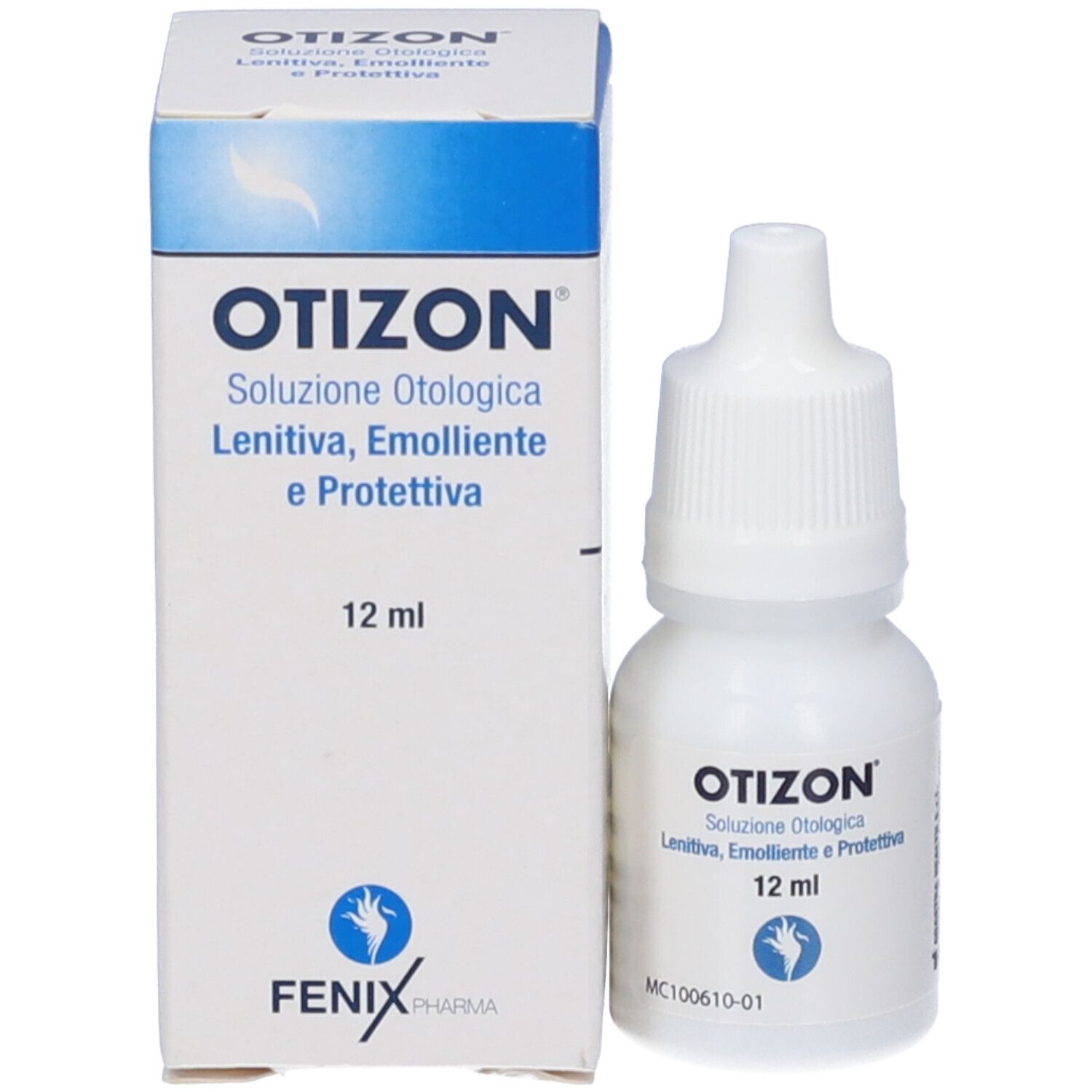 Flacone contagocce bianco con tappo bianco e scatola. Scritta: OTIZON, 12 ml. Simbolo mano blu. Nome e dettagli del prodotto.