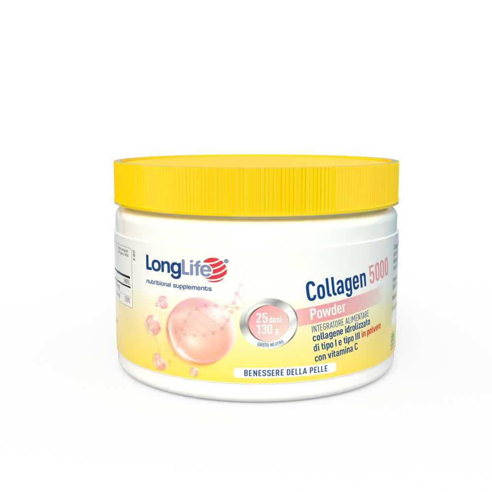 Contenitore bianco con coperchio giallo. Scritta: Collagen 5000 Powder. Grafica rosa. Marchio: LongLife.