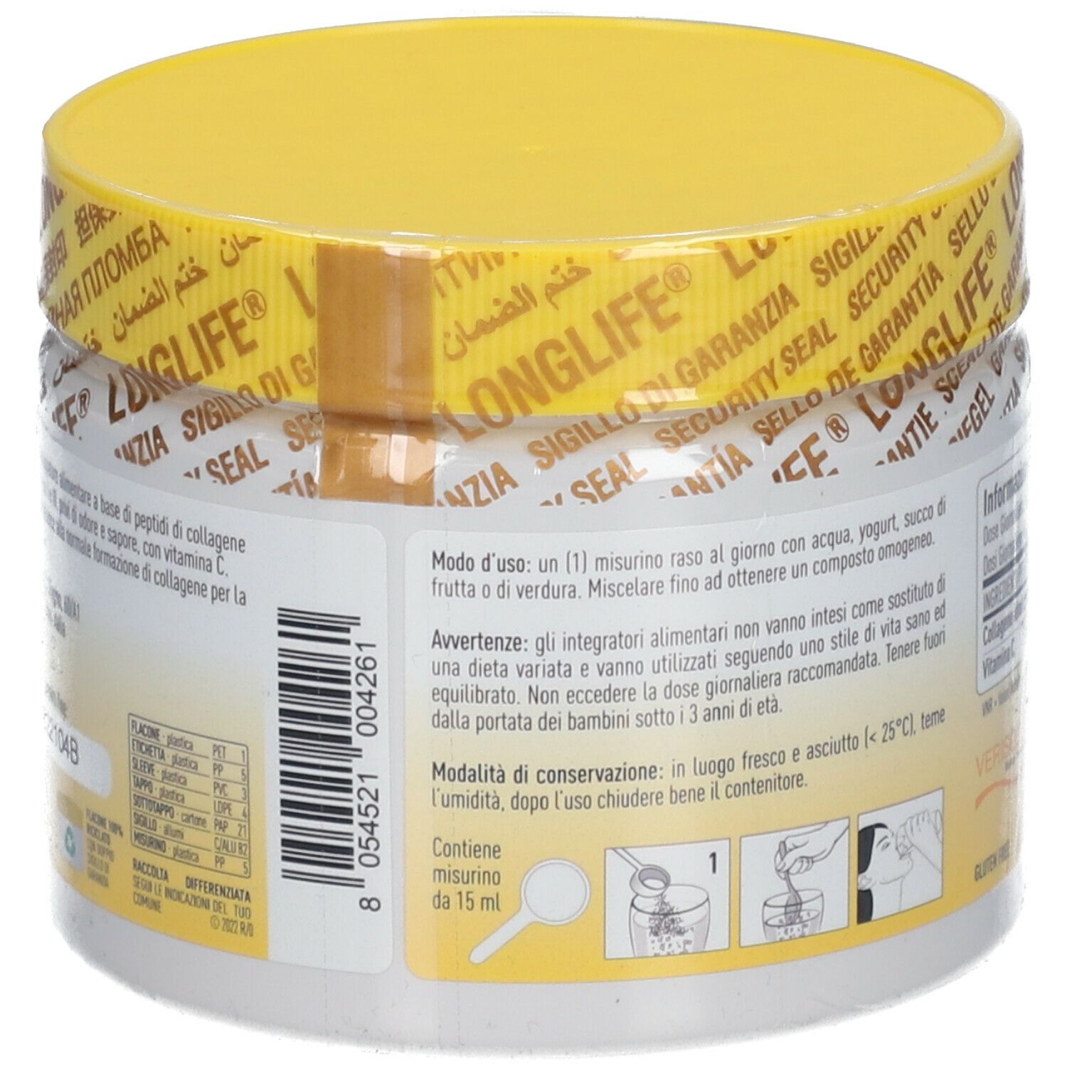 Retro di un contenitore bianco con coperchio giallo. Informazioni testuali e un'illustrazione.