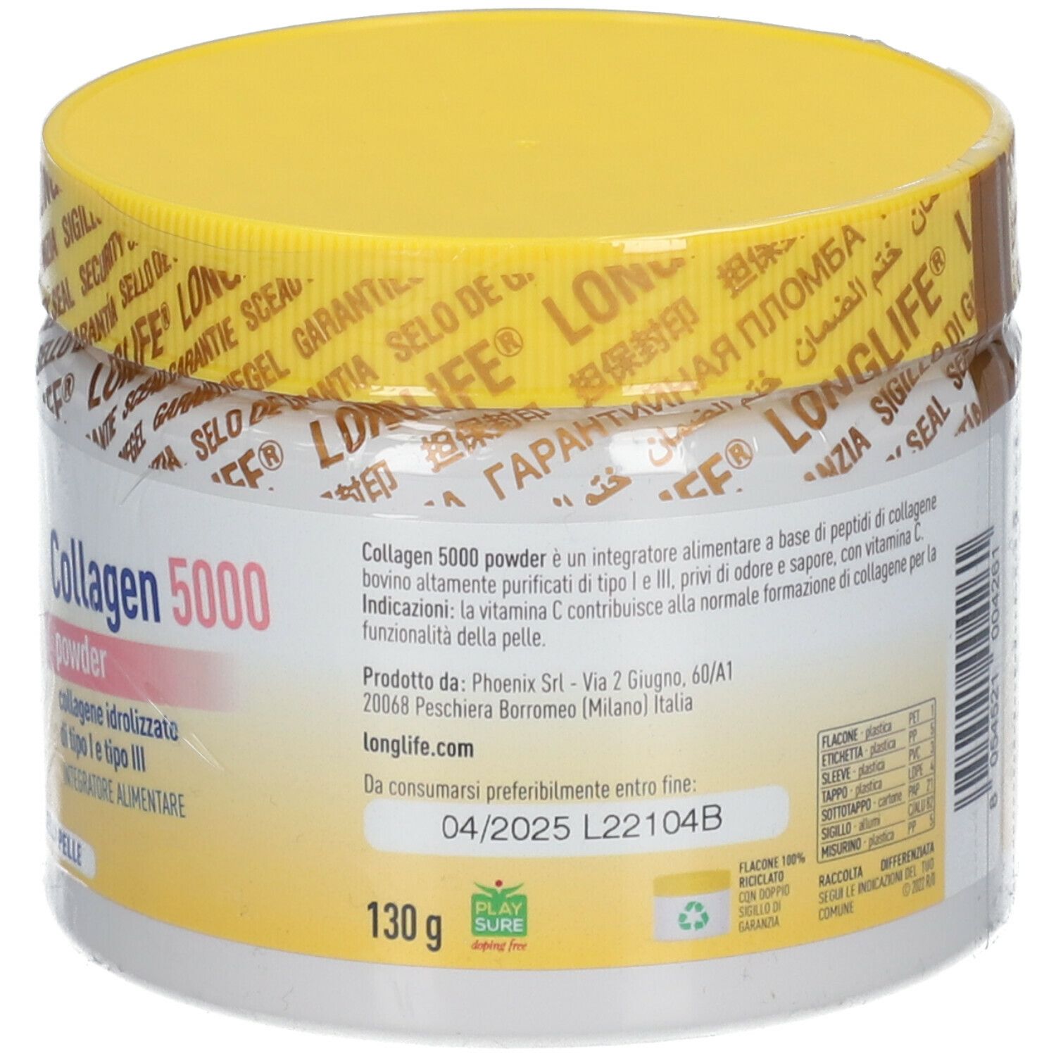 Retro di un contenitore bianco con coperchio giallo. Informazioni testuali e una data di scadenza.