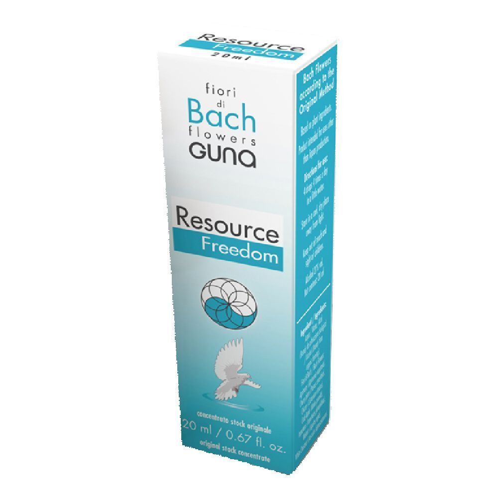 Confezione bianca e blu. Scritta: fiori di Bach flowers GUNA, Resource Freedom, 20 ml. Immagine di una colomba e di un simbolo.