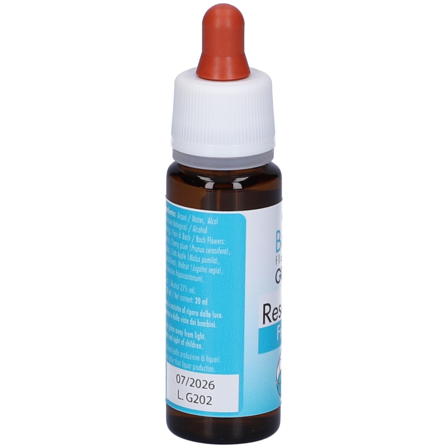 Flacone di vetro marrone con tappo bianco e pipetta rossa. Scritta: fiori di Bach flowers GUNA, Resource Freedom. Etichetta con ingredienti.
