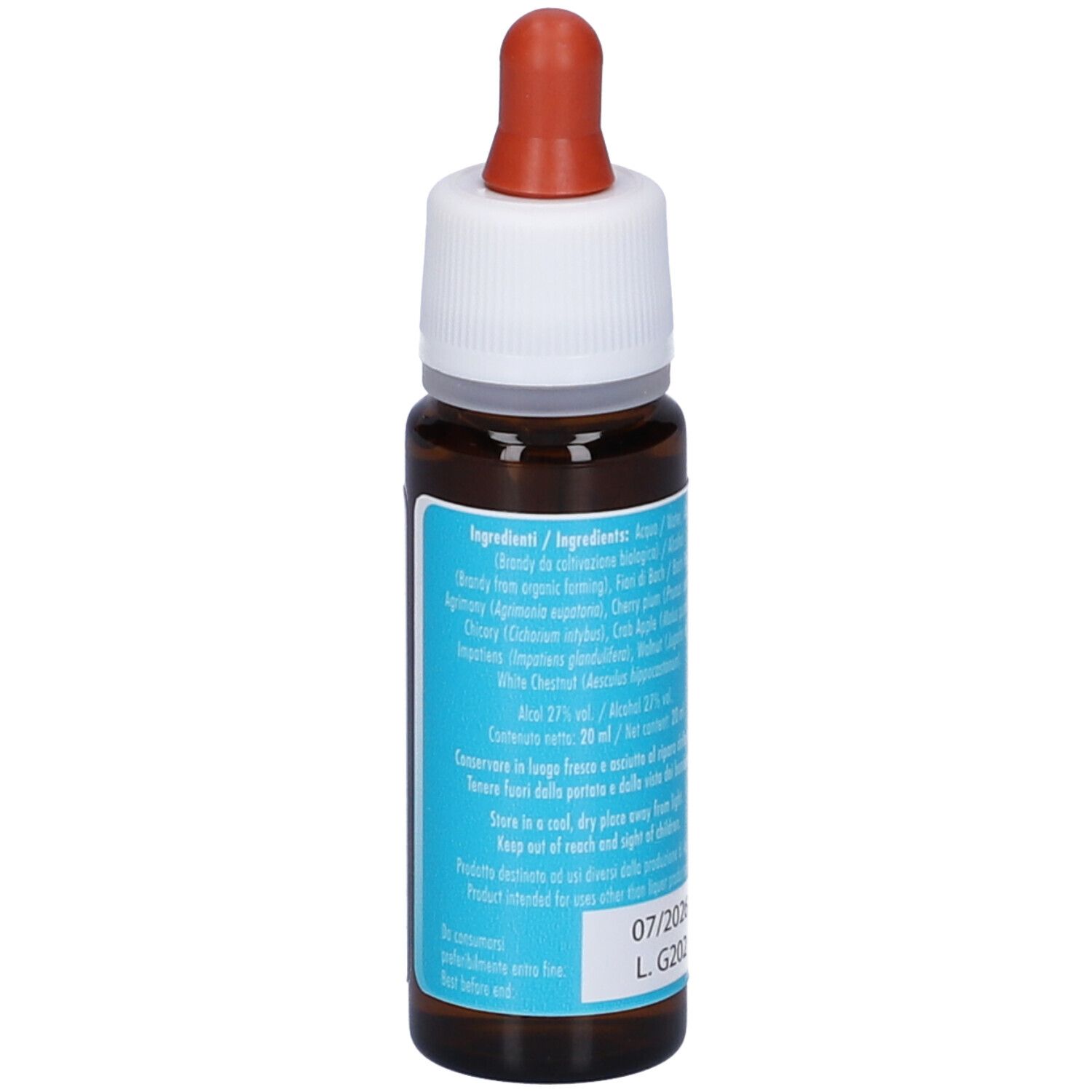 Flacone di vetro marrone con tappo bianco e pipetta rossa. Scritta: fiori di Bach flowers GUNA, Resource Freedom. Etichetta con ingredienti.