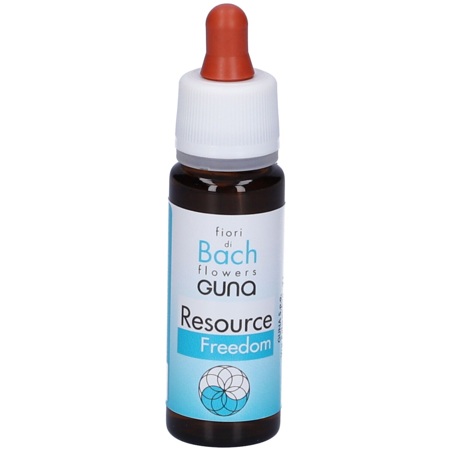 Flacone di vetro marrone con tappo bianco e pipetta rossa. Scritta: fiori di Bach flowers GUNA, Resource Freedom. Etichetta con ingredienti.
