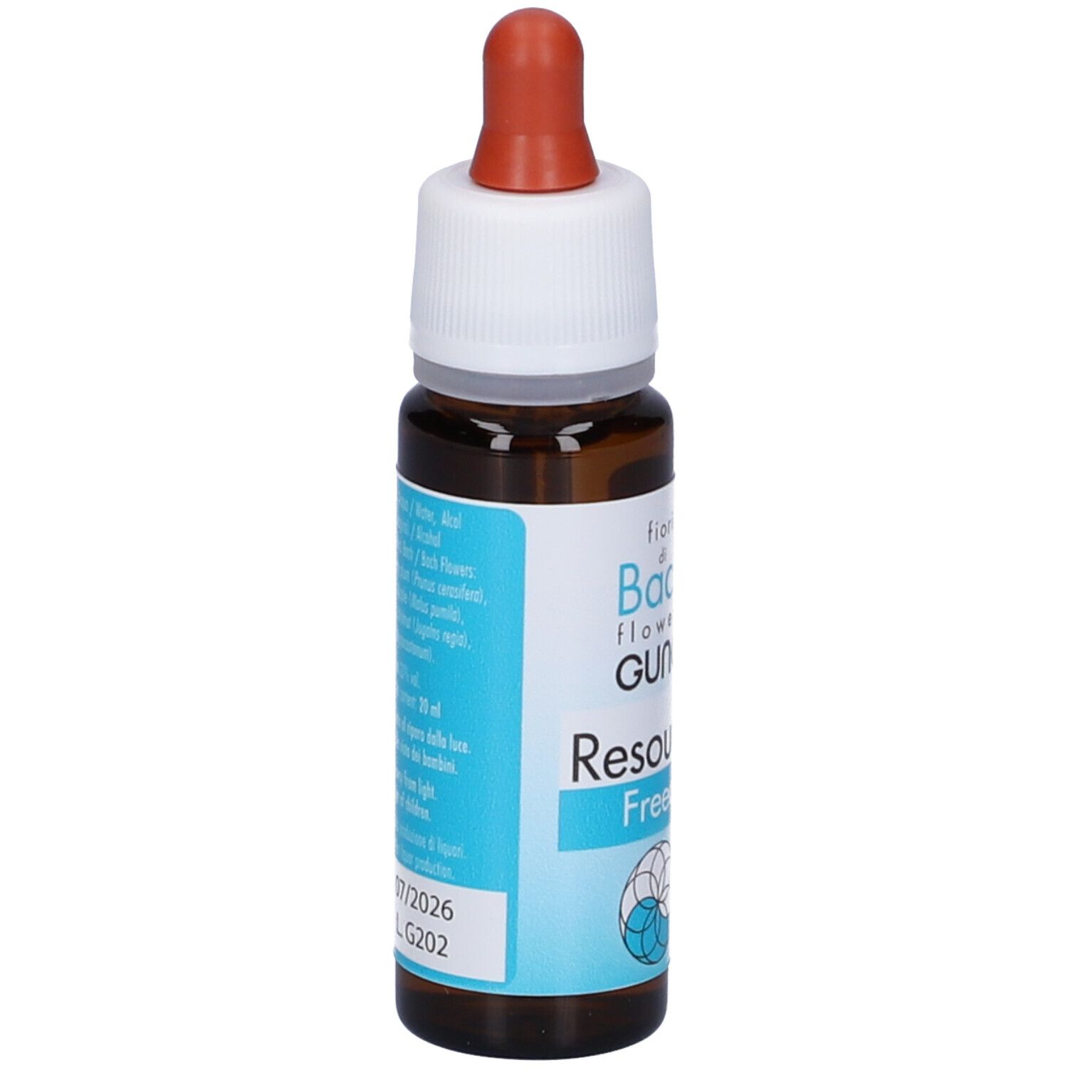 Flacone di vetro marrone con tappo bianco e pipetta rossa. Scritta: fiori di Bach flowers GUNA, Resource Freedom. Etichetta con ingredienti.