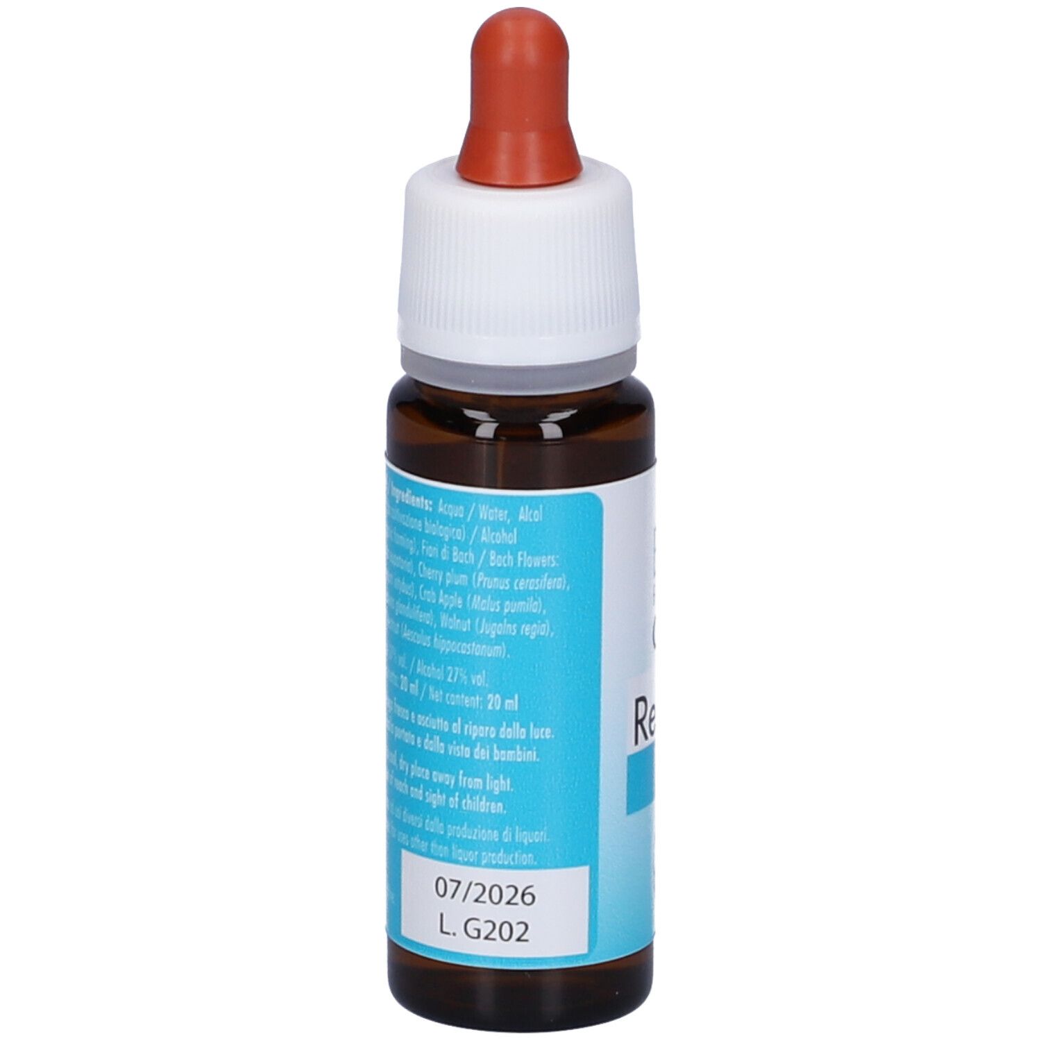 Flacone di vetro marrone con tappo bianco e pipetta rossa. Scritta: fiori di Bach flowers GUNA, Resource Freedom. Etichetta con ingredienti.