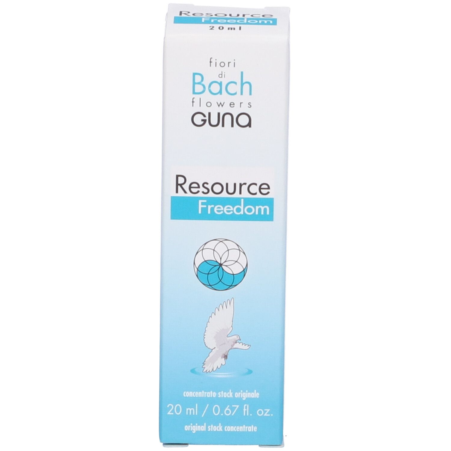 Confezione bianca e blu. Scritta: fiori di Bach flowers GUNA, Resource Freedom, 20 ml. Immagine di una colomba e di un simbolo.