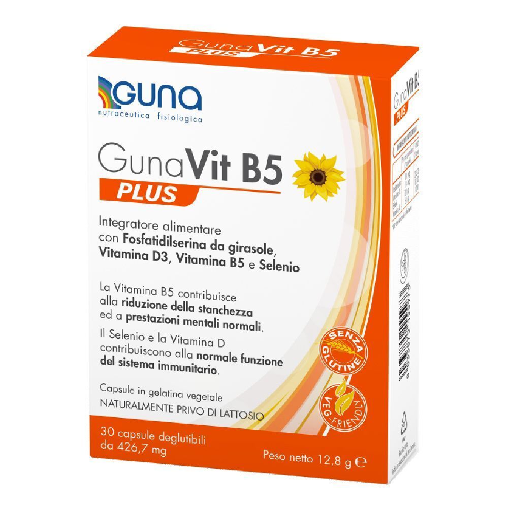 Confezione GUNA GunaVit B5 PLUS. Arancione e bianca. Contiene 30 capsule. Senza glutine, vegano. Illustrazione di girasole.