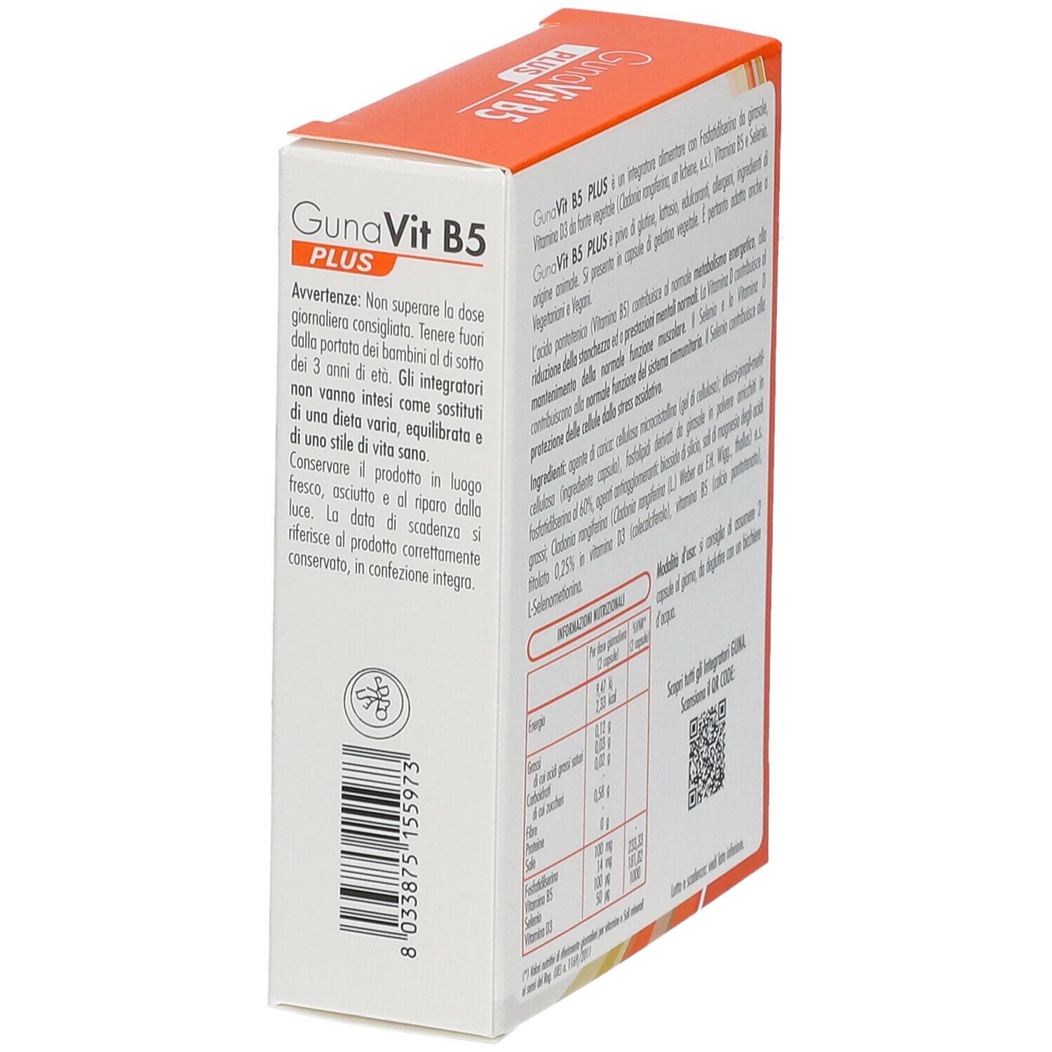 Lato della confezione GUNA GunaVit B5 PLUS. Testo, codice a barre. Arancione e bianco.