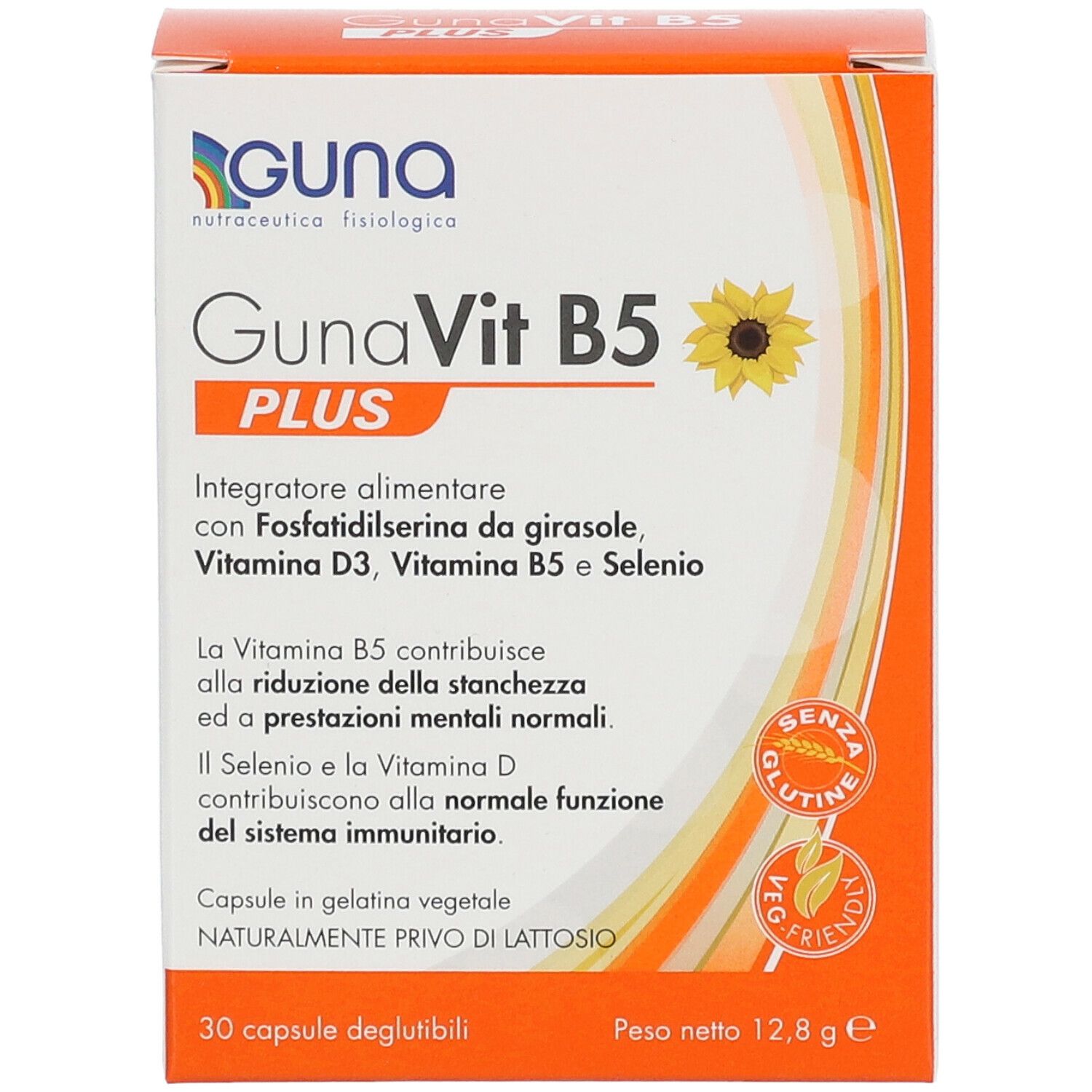 Confezione GUNA GunaVit B5 PLUS. Arancione e bianca. 30 capsule. Senza glutine, vegano. Girasole. Testo.