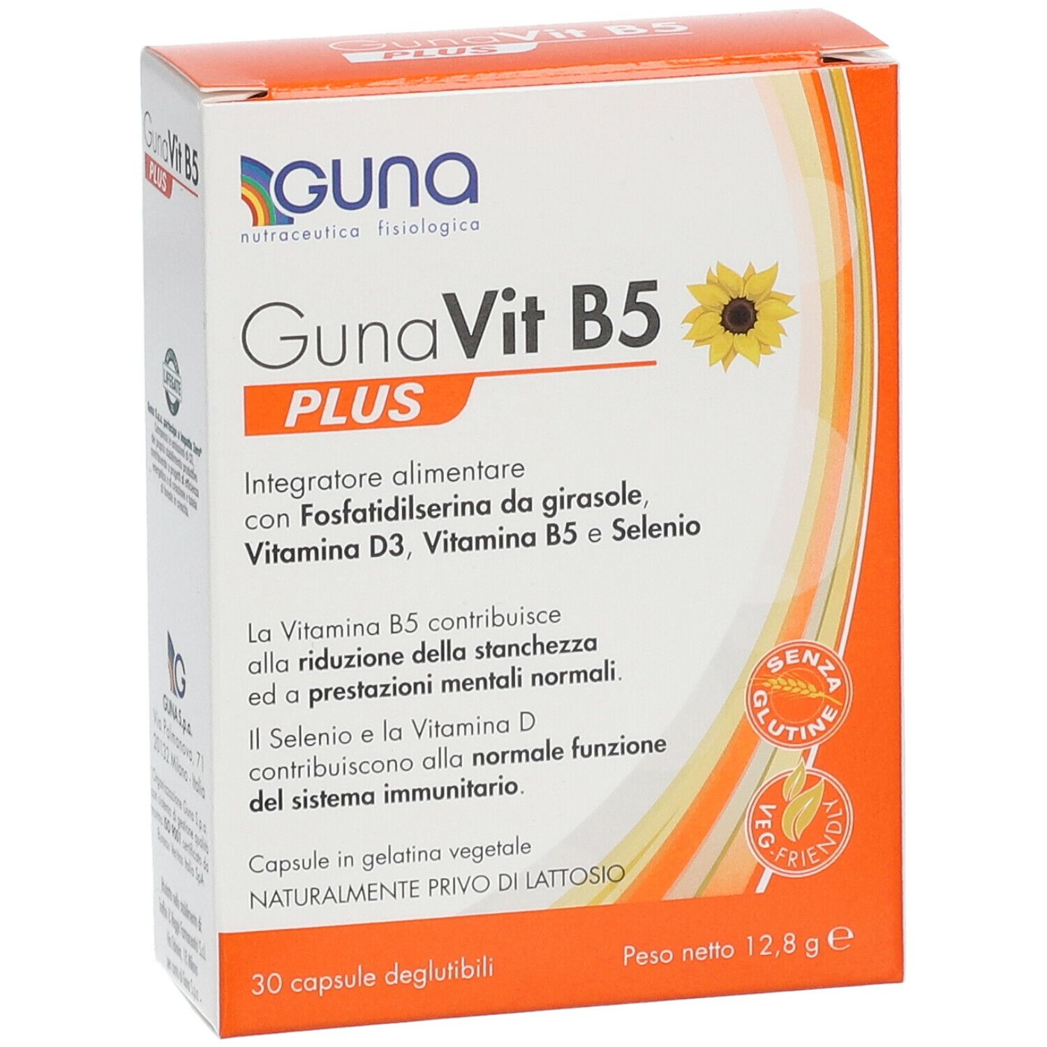 Confezione GUNA GunaVit B5 PLUS. Arancione e bianca. 30 capsule. Senza glutine, vegano. Girasole. Testo.
