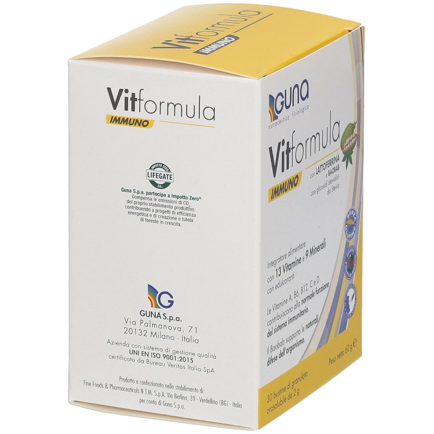 Confezione Vitformula Immuno, vista laterale. Contiene 13 vitamine, 9 minerali, lattoferrina e baobab. Peso 60 g.