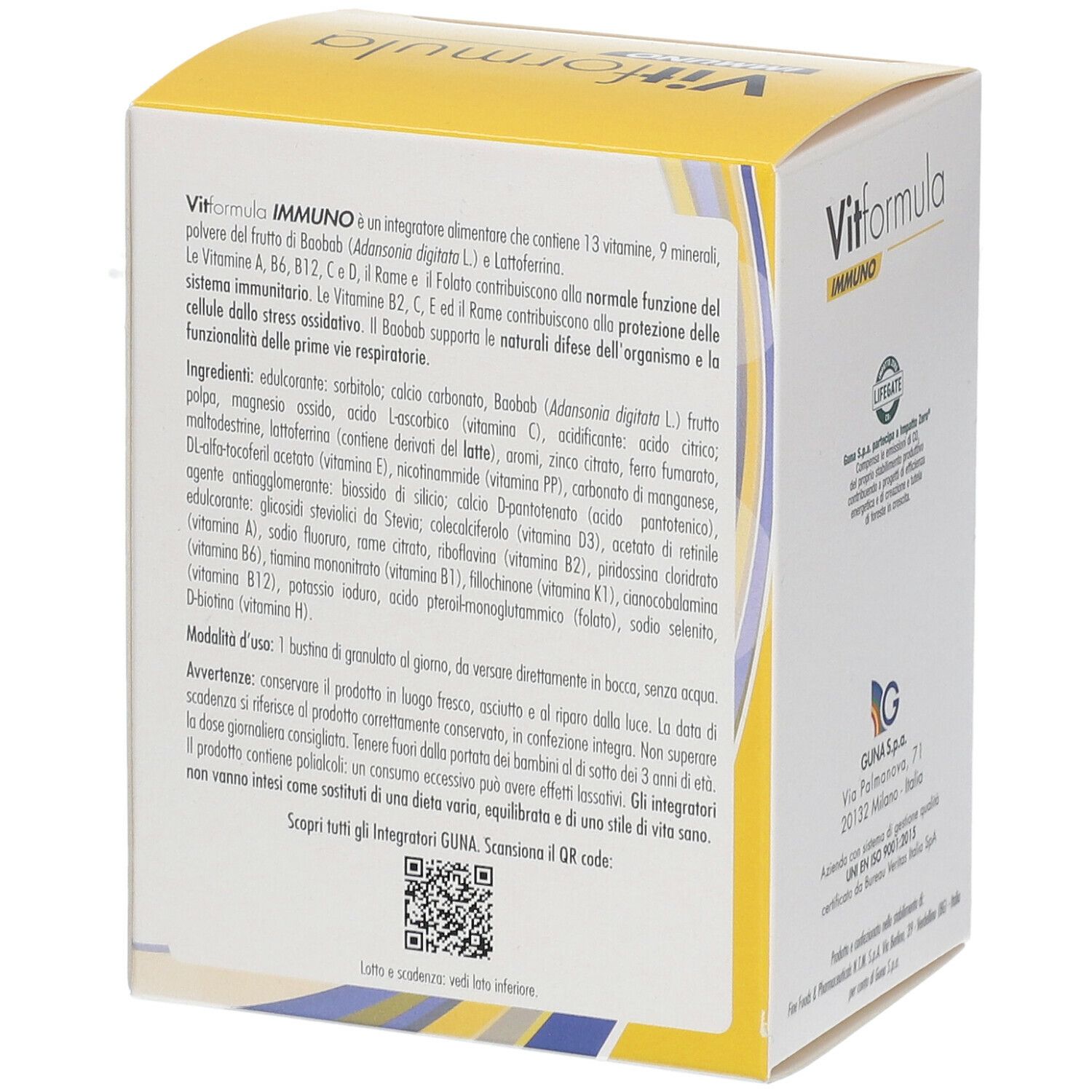 Retro della confezione Vitformula Immuno. Contiene informazioni su ingredienti, uso e valori nutrizionali.