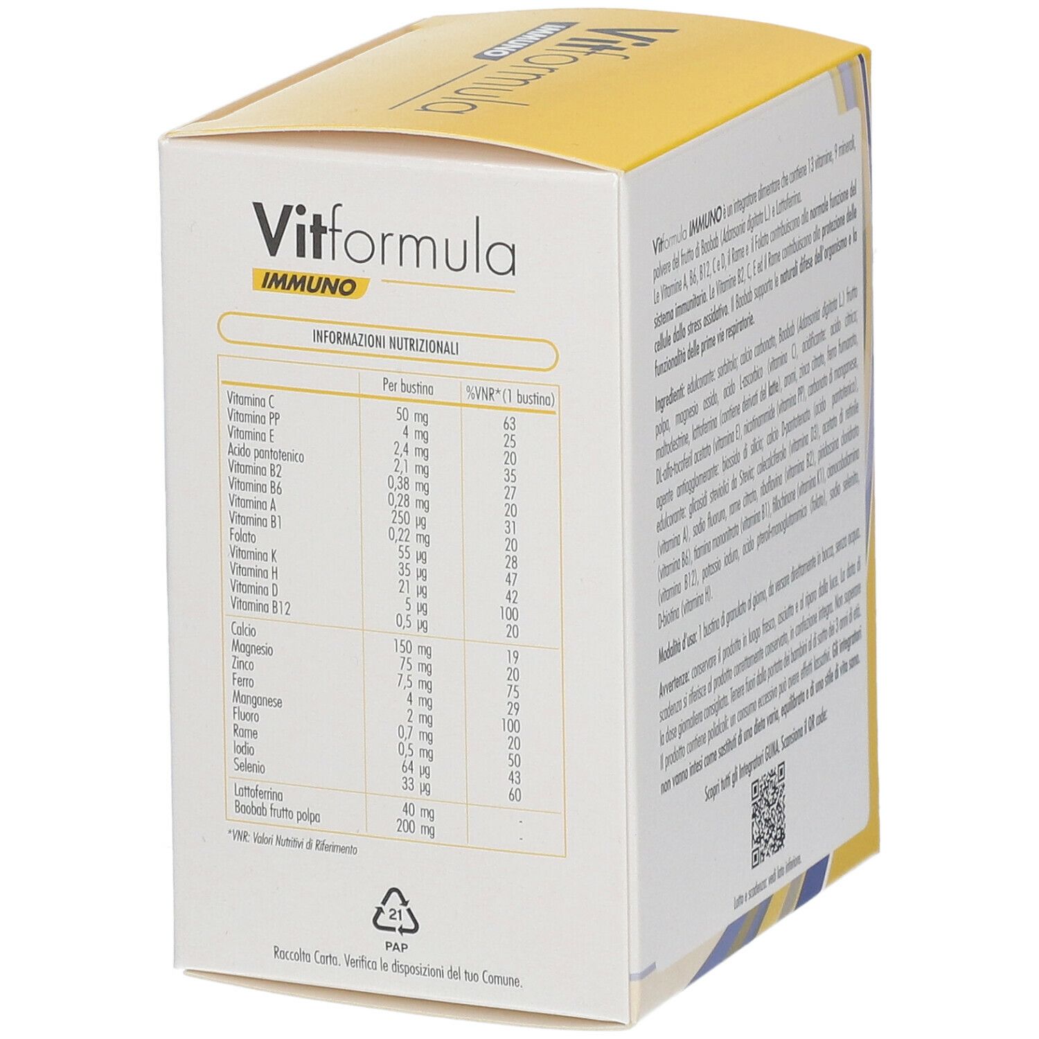 Retro della confezione Vitformula Immuno. Tabella nutrizionale con informazioni su vitamine e minerali.