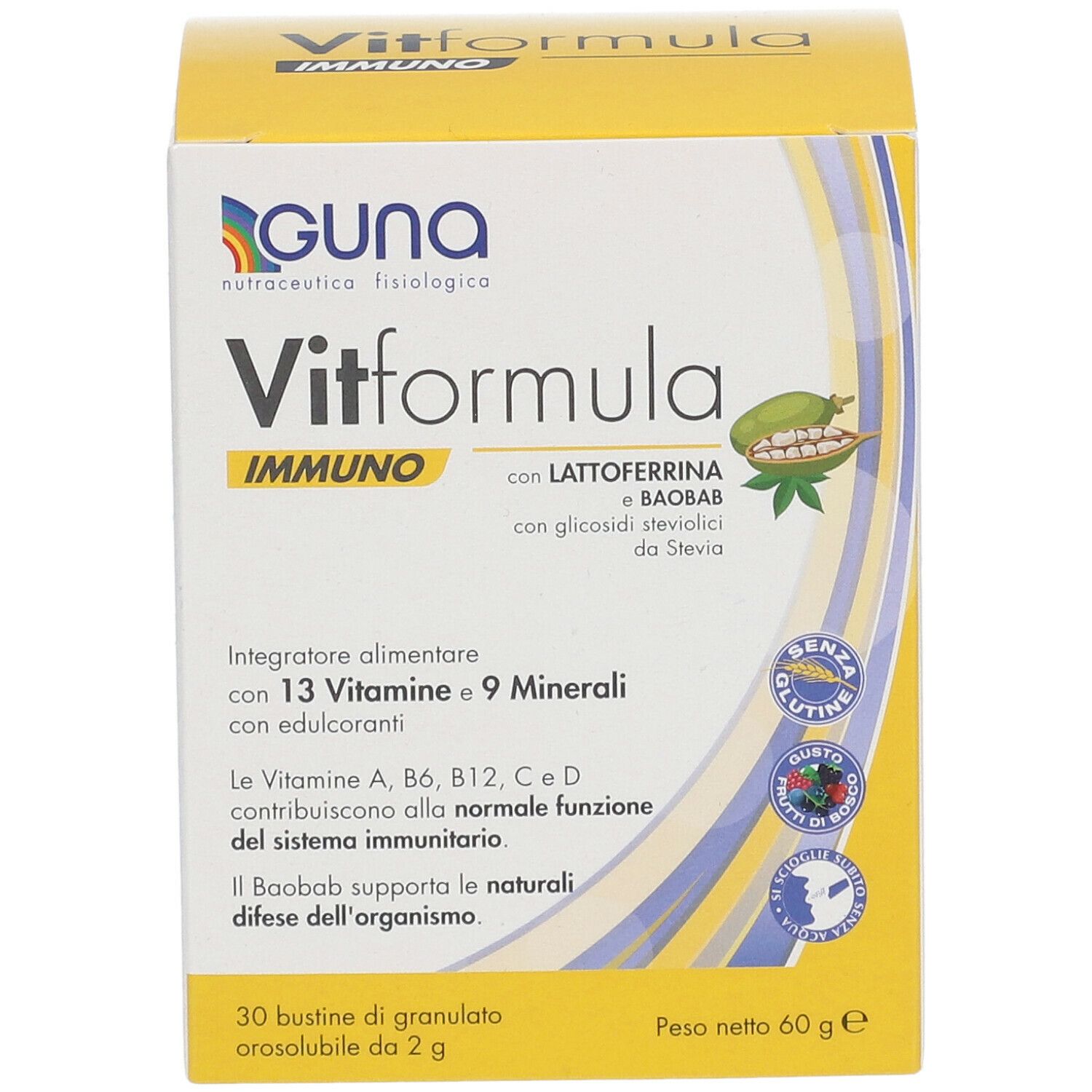 Confezione Vitformula Immuno. Contiene 13 vitamine, 9 minerali, lattoferrina e baobab. Sigillo senza glutine e certificati gusto.