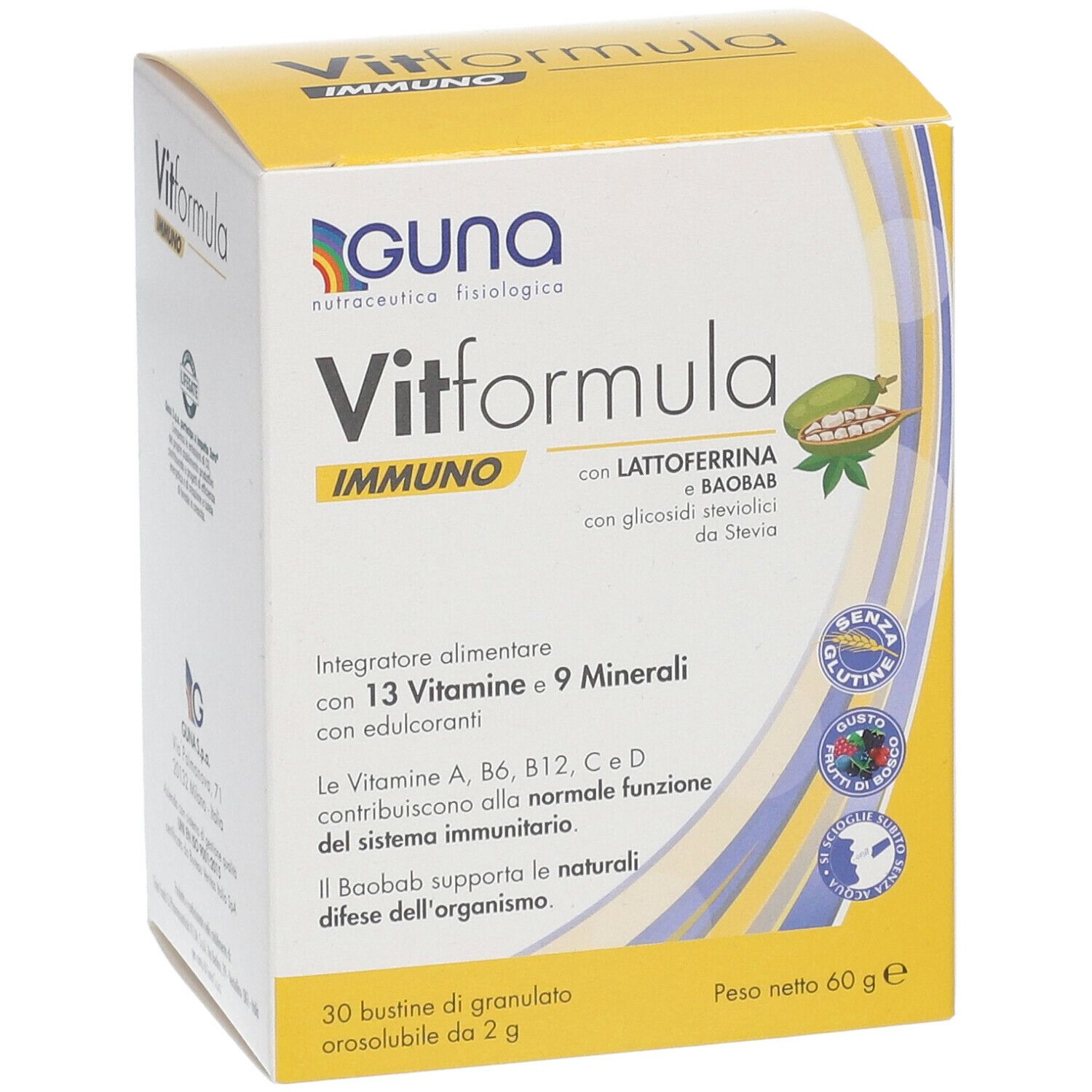 Confezione Vitformula Immuno. Contiene 13 vitamine, 9 minerali, lattoferrina e baobab. Sigillo senza glutine e certificati gusto.