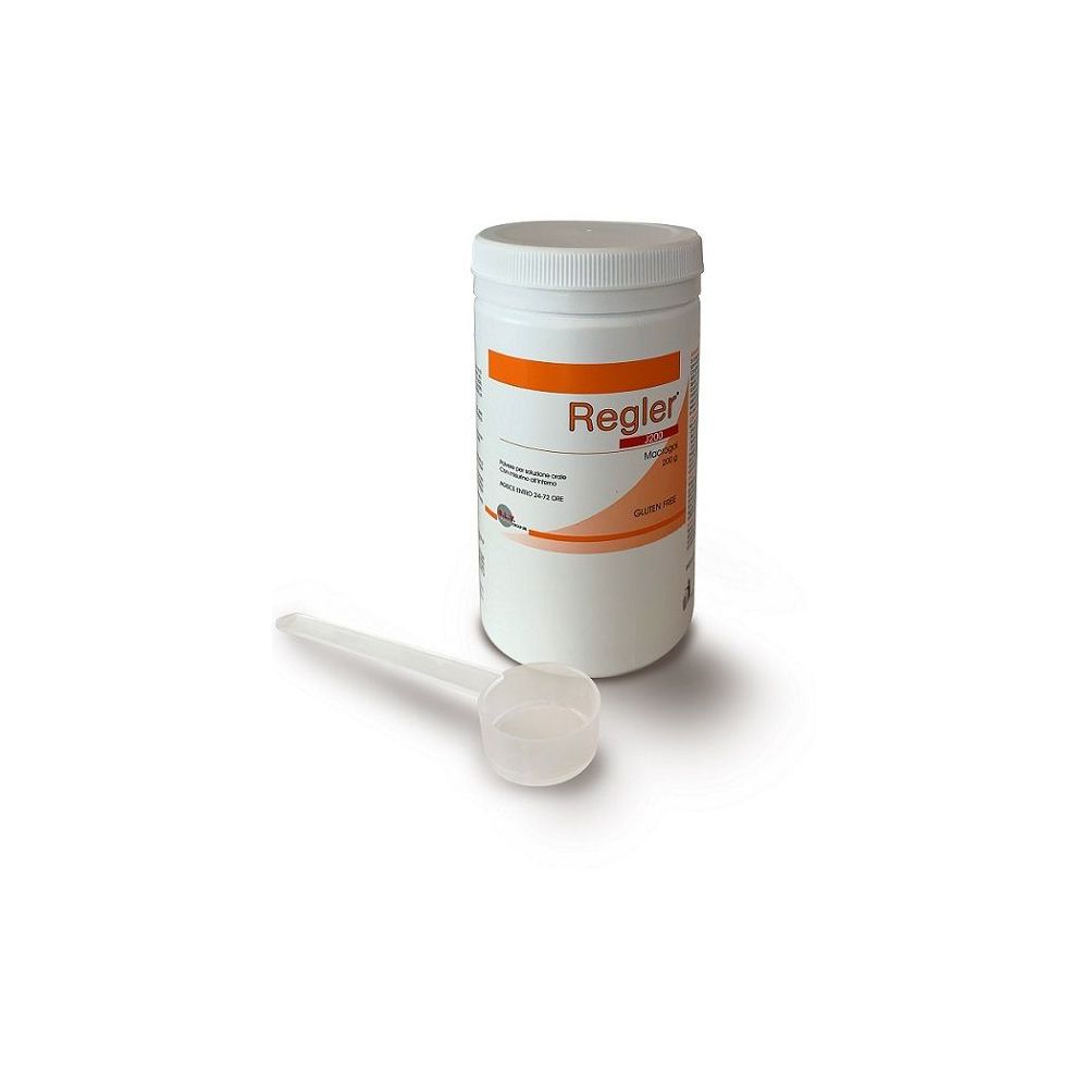 Barattolo bianco con polvere e misurino. Scritta "Regler".