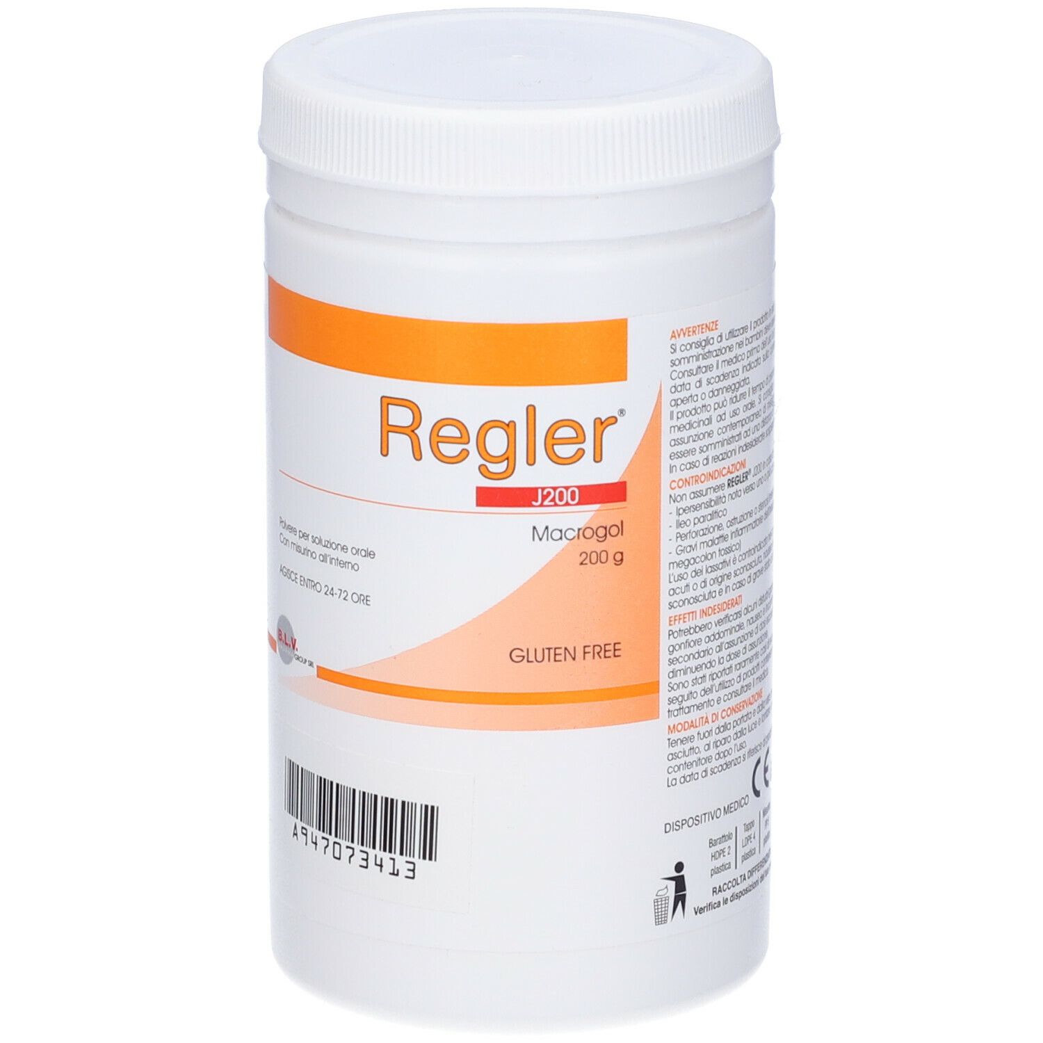 Barattolo bianco con scritta arancione. Scritta "Regler J200".