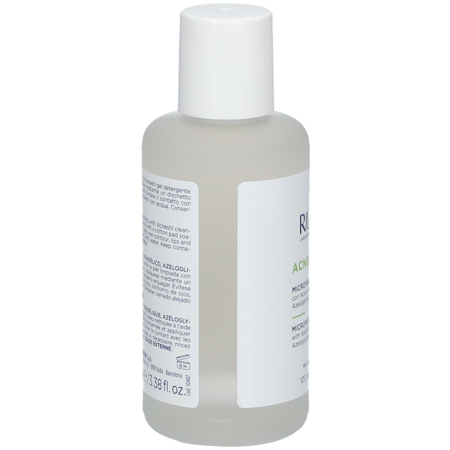 Retro del flacone Rilastil Acnestil Micropeeling. Etichetta con ingredienti e istruzioni per l'uso.