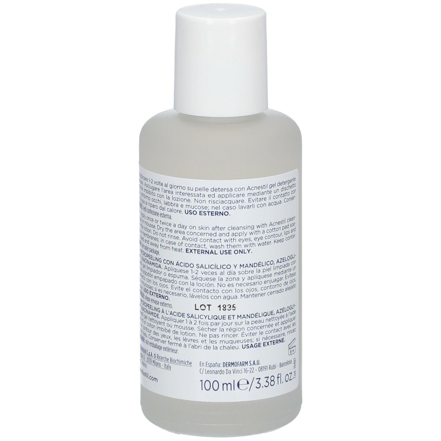 Retro del flacone Rilastil Acnestil Micropeeling. Etichetta con ingredienti e istruzioni per l'uso.