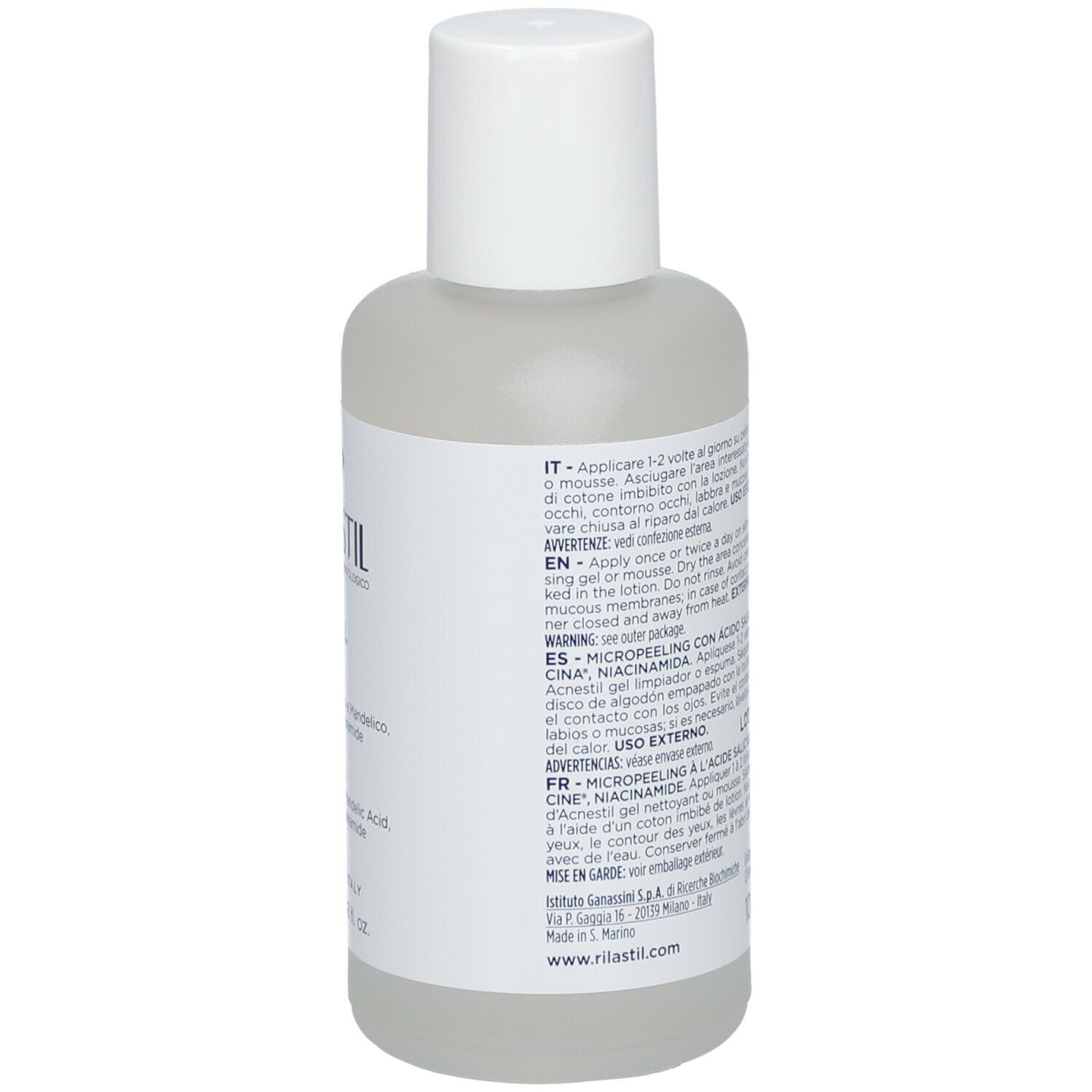 Retro del flacone Rilastil Acnestil Micropeeling. Etichetta con ingredienti e istruzioni per l'uso.