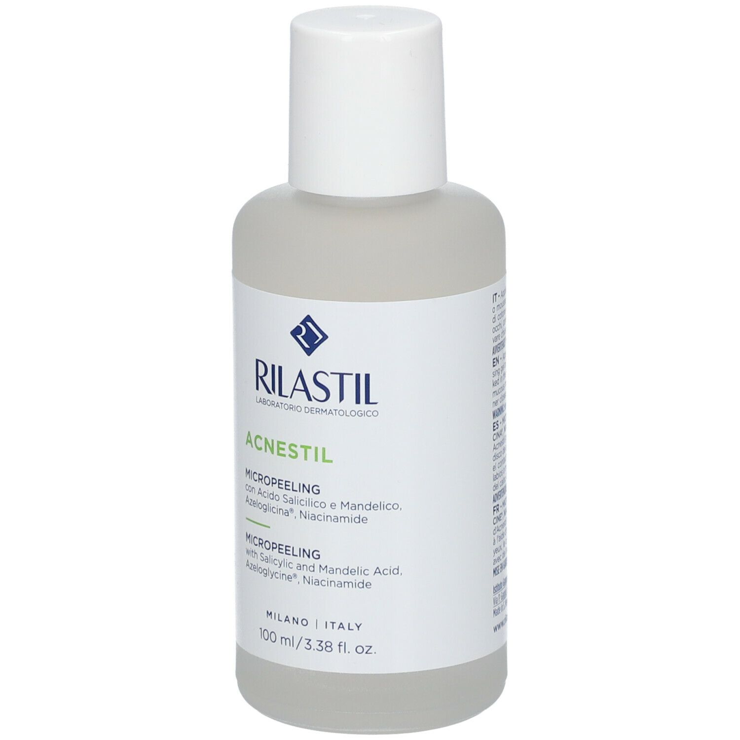 Flacone Rilastil Acnestil Micropeeling. Tappo bianco, liquido trasparente. Etichetta con nome e ingredienti.