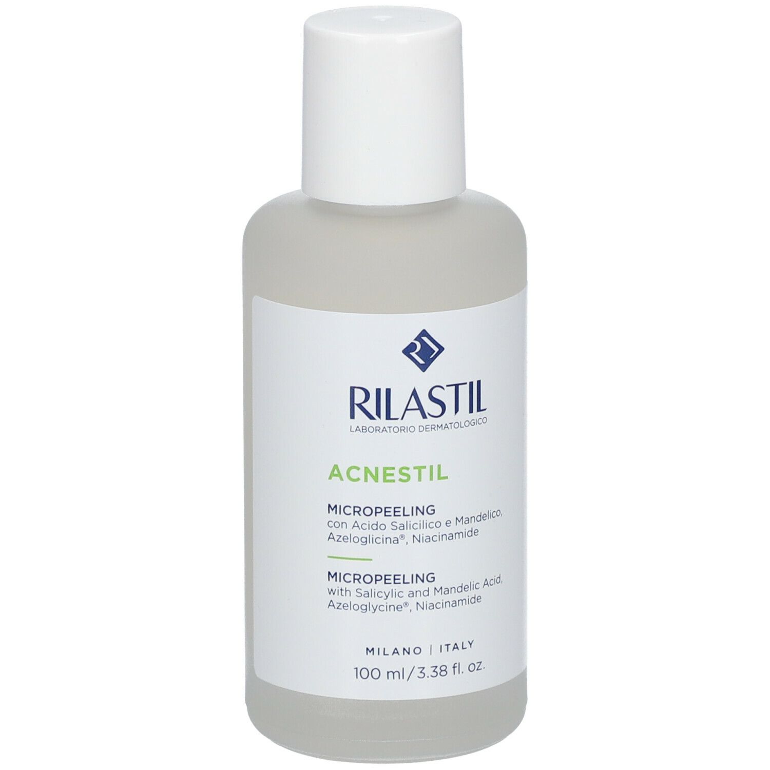 Flacone Rilastil Acnestil Micropeeling. Tappo bianco, liquido trasparente. Etichetta con nome e ingredienti.