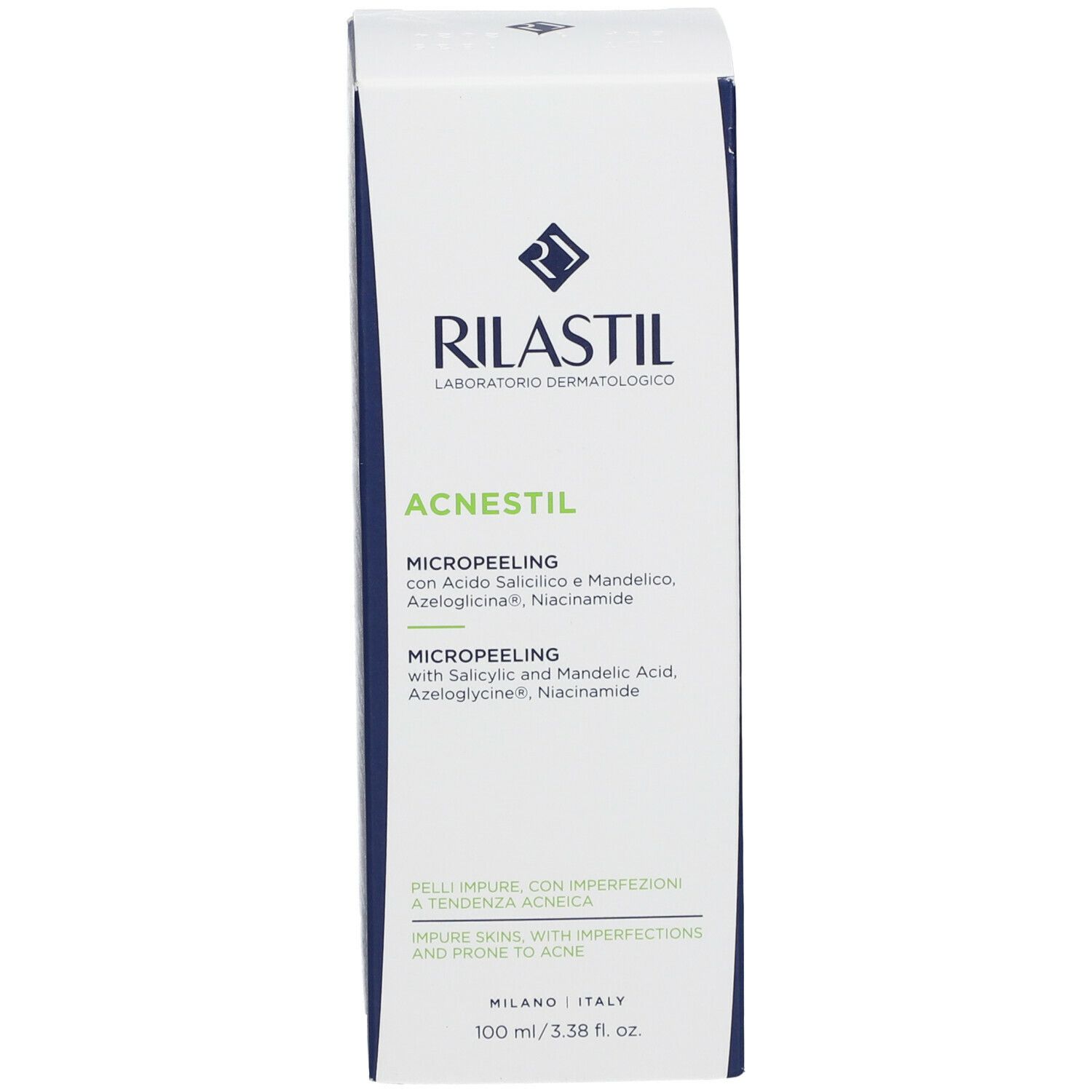 Confezione Rilastil Acnestil Micropeeling. Scatola bianca con nome e ingredienti. Accenti blu.
