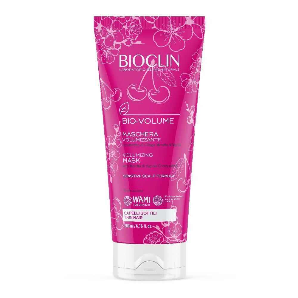 Tubo rosa con tappo bianco. Scritta BIOCLIN, BIO-VOLUME, Maschera Volumizzante. Per capelli sottili.