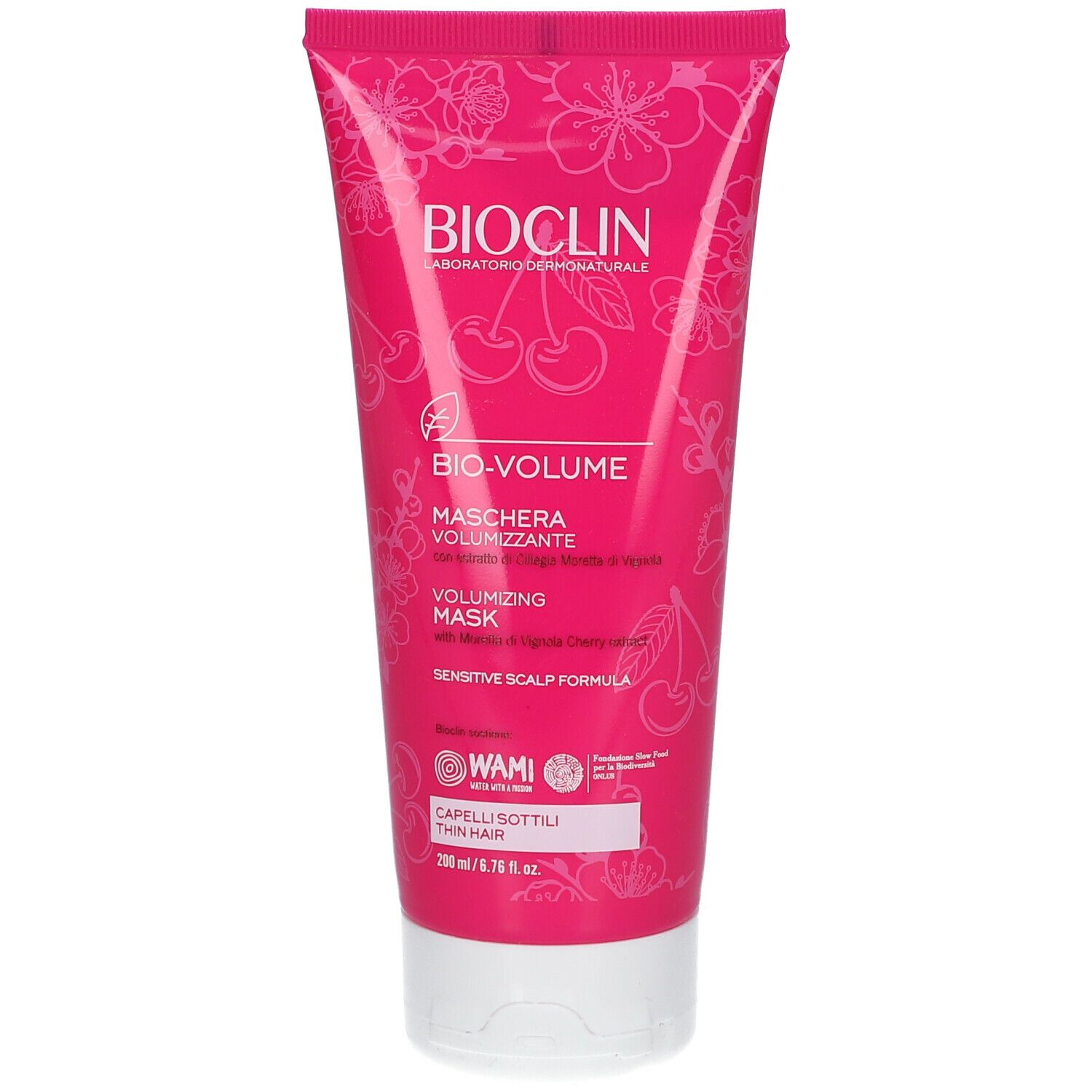 Tubo rosa con tappo bianco. Scritta BIOCLIN, BIO-VOLUME, Maschera Volumizzante. Per capelli sottili.