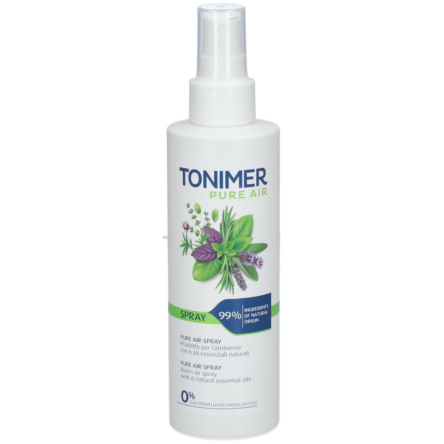 Flacone spray bianco con scritta TONIMER Pure Air e illustrazione di erbe. 99% ingredienti di origine naturale.
