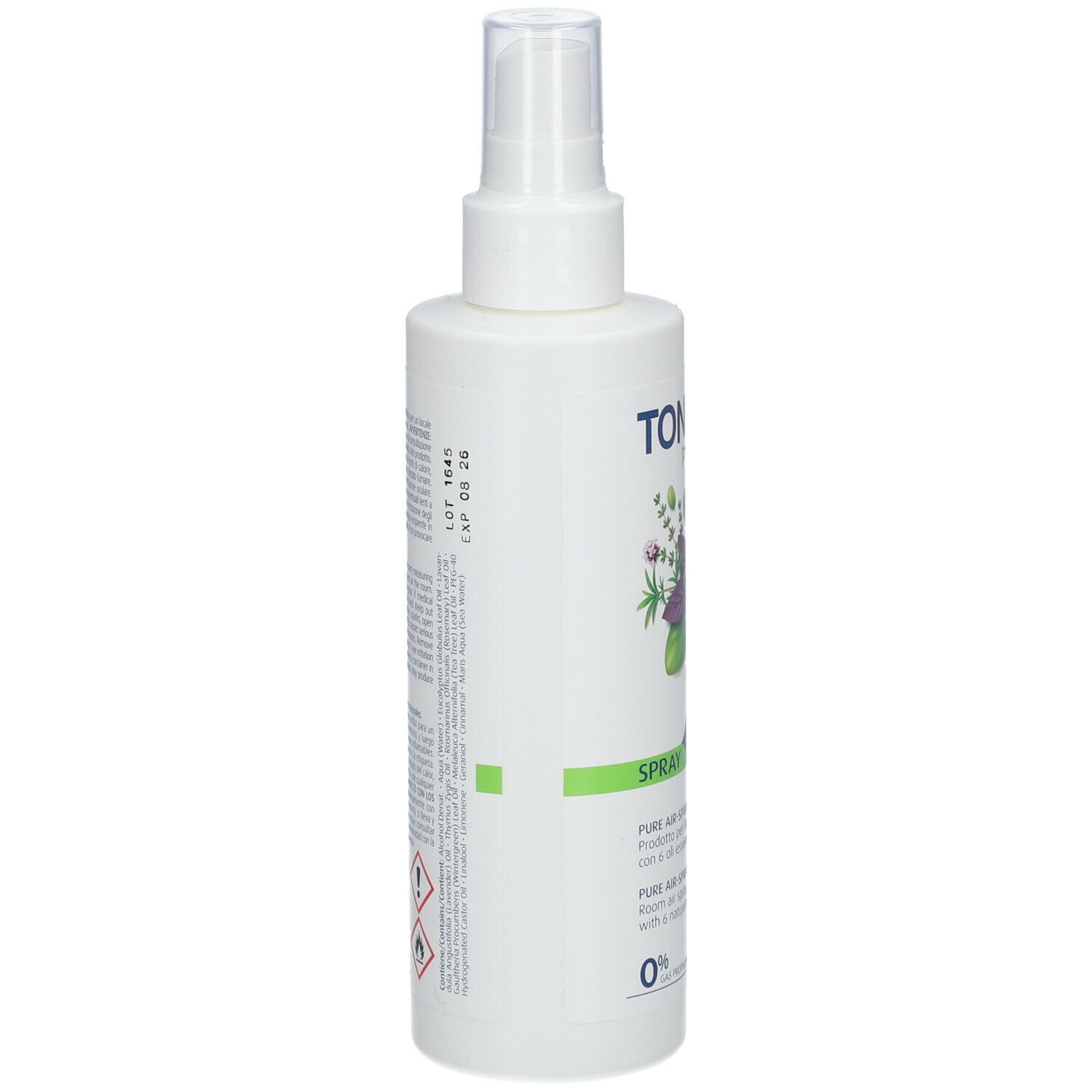 Flacone spray bianco con scritta TONIMER Pure Air. Retro con testo e simboli di avvertenza. Numero di lotto e data di scadenza.