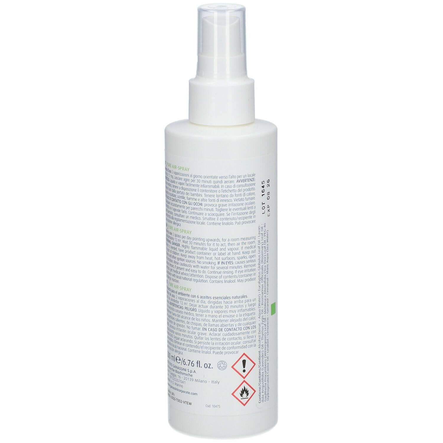 Flacone spray bianco con scritta TONIMER Pure Air. Retro con testo, simboli di avvertenza e indicazione del volume: 200 ml.