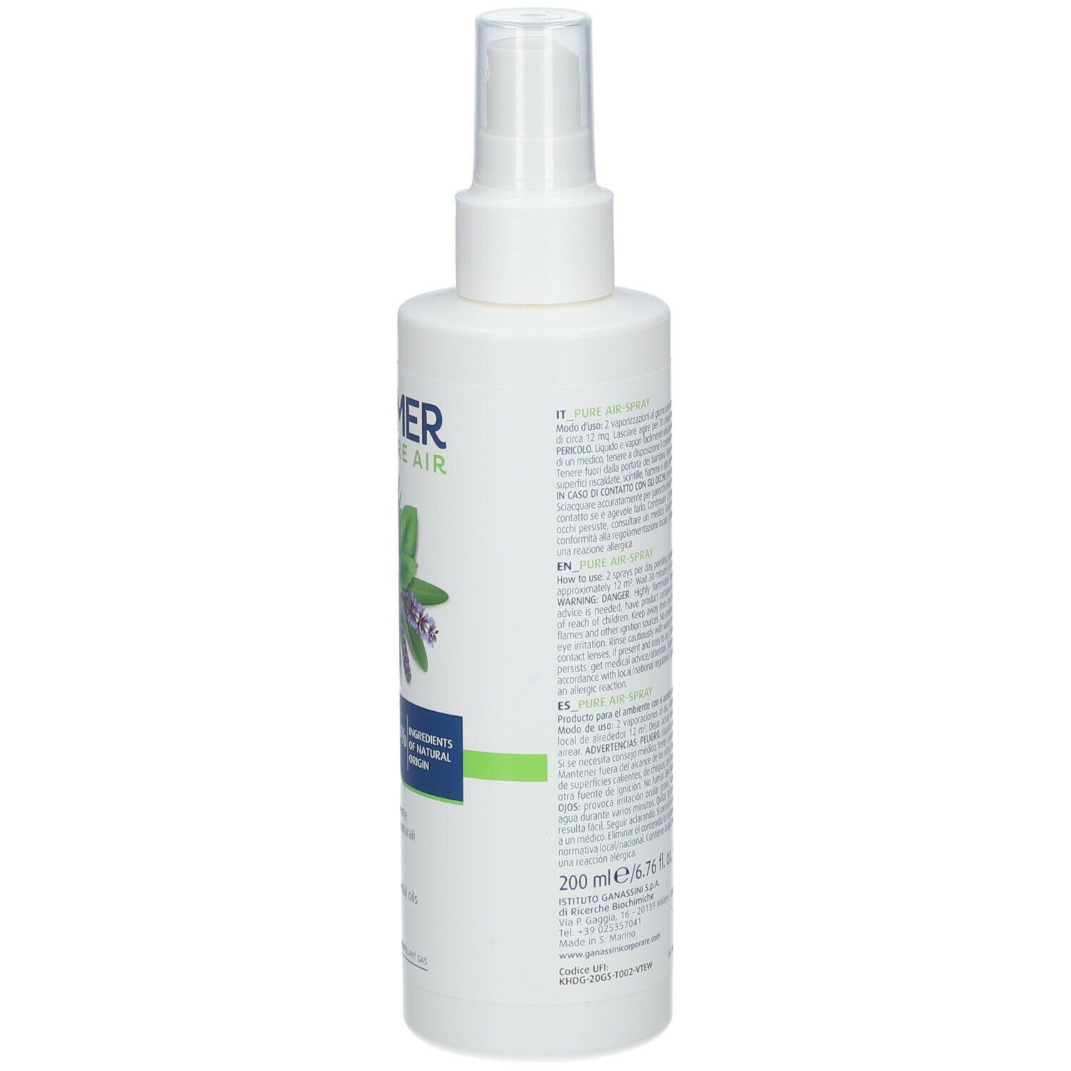 Flacone spray bianco con scritta TONIMER Pure Air. Retro con testo e indicazione del volume: 200 ml.
