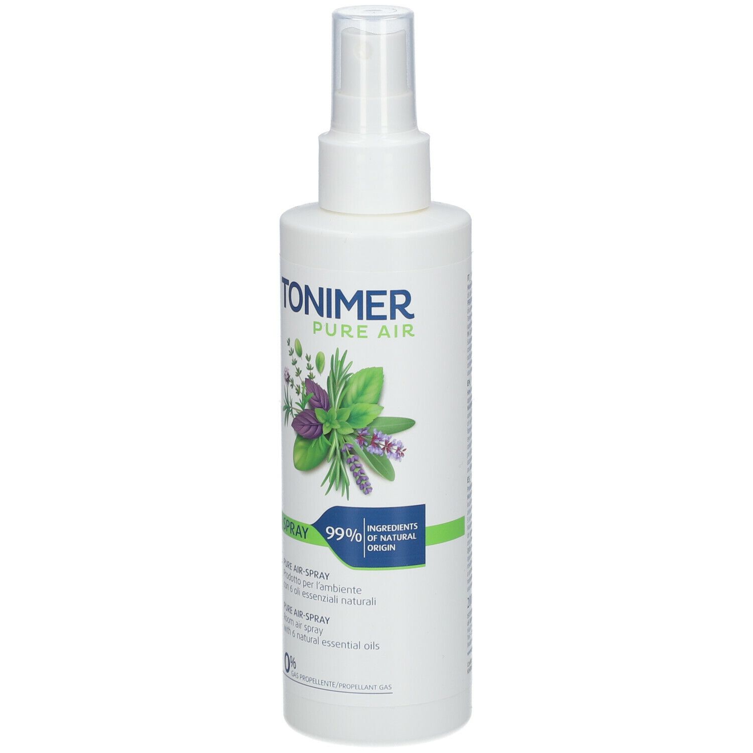 Flacone spray bianco con scritta TONIMER Pure Air e illustrazione di erbe. 99% ingredienti di origine naturale.