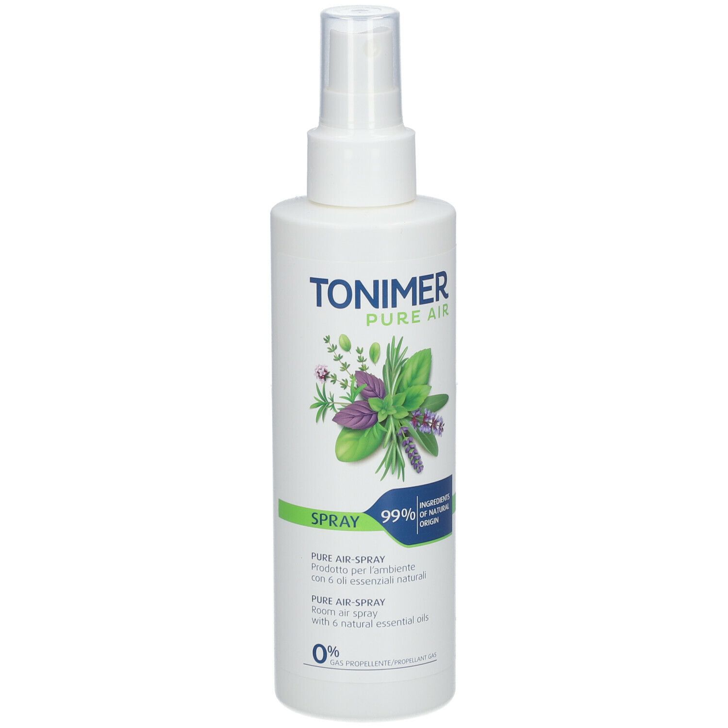 Flacone spray bianco con scritta TONIMER Pure Air e illustrazione di erbe. 99% ingredienti di origine naturale.