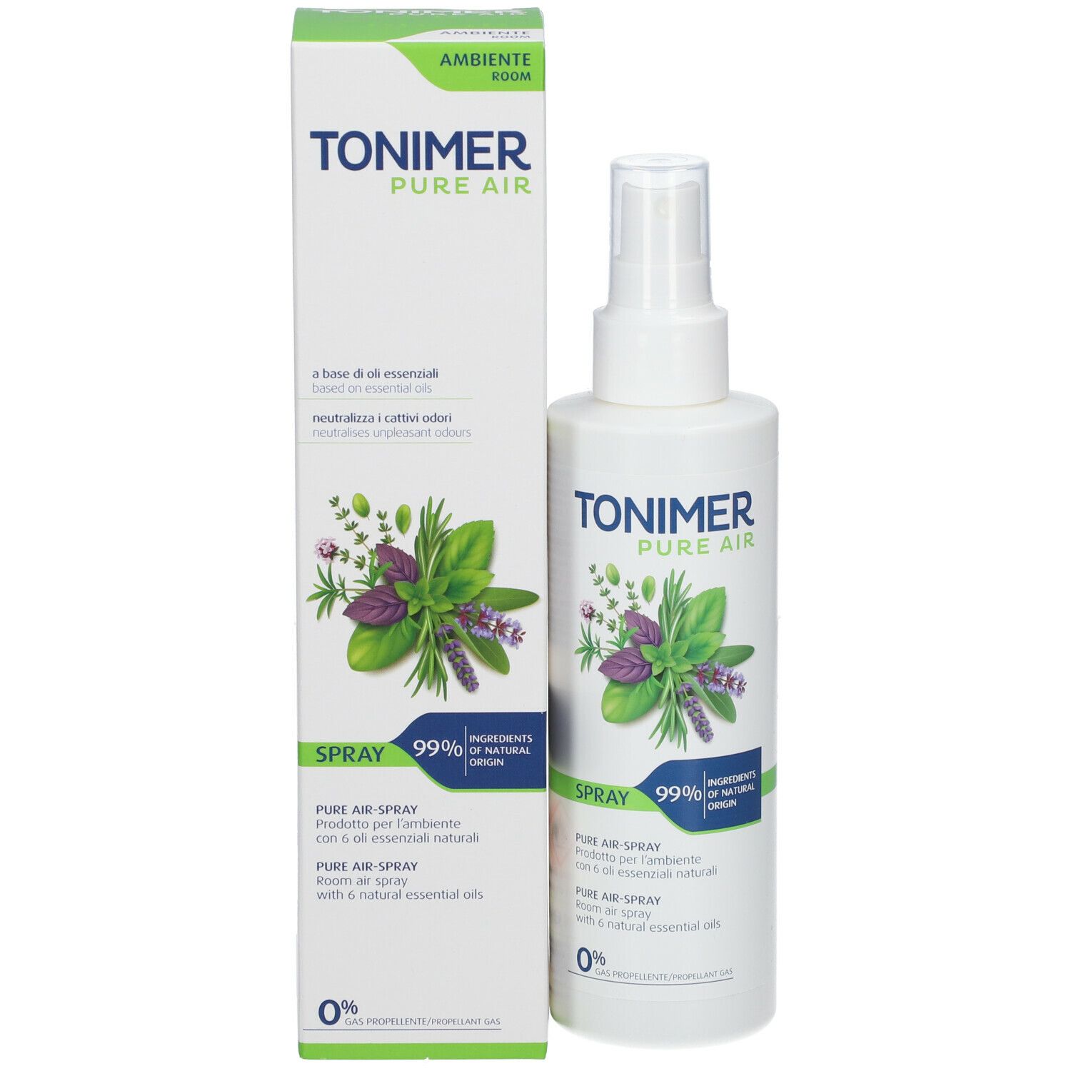 TONIMER Pure Air Spray e confezione. Flacone bianco con illustrazione di erbe. Confezione con testo e logo.