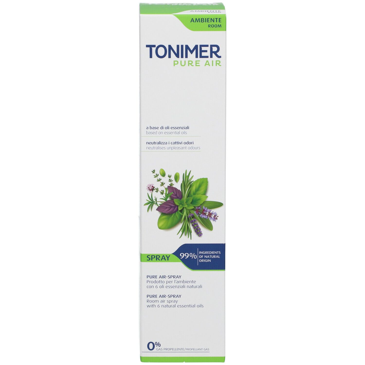 Confezione di TONIMER Pure Air Spray. Bianca con illustrazione di erbe, testo e logo. Logo Ambiente.
