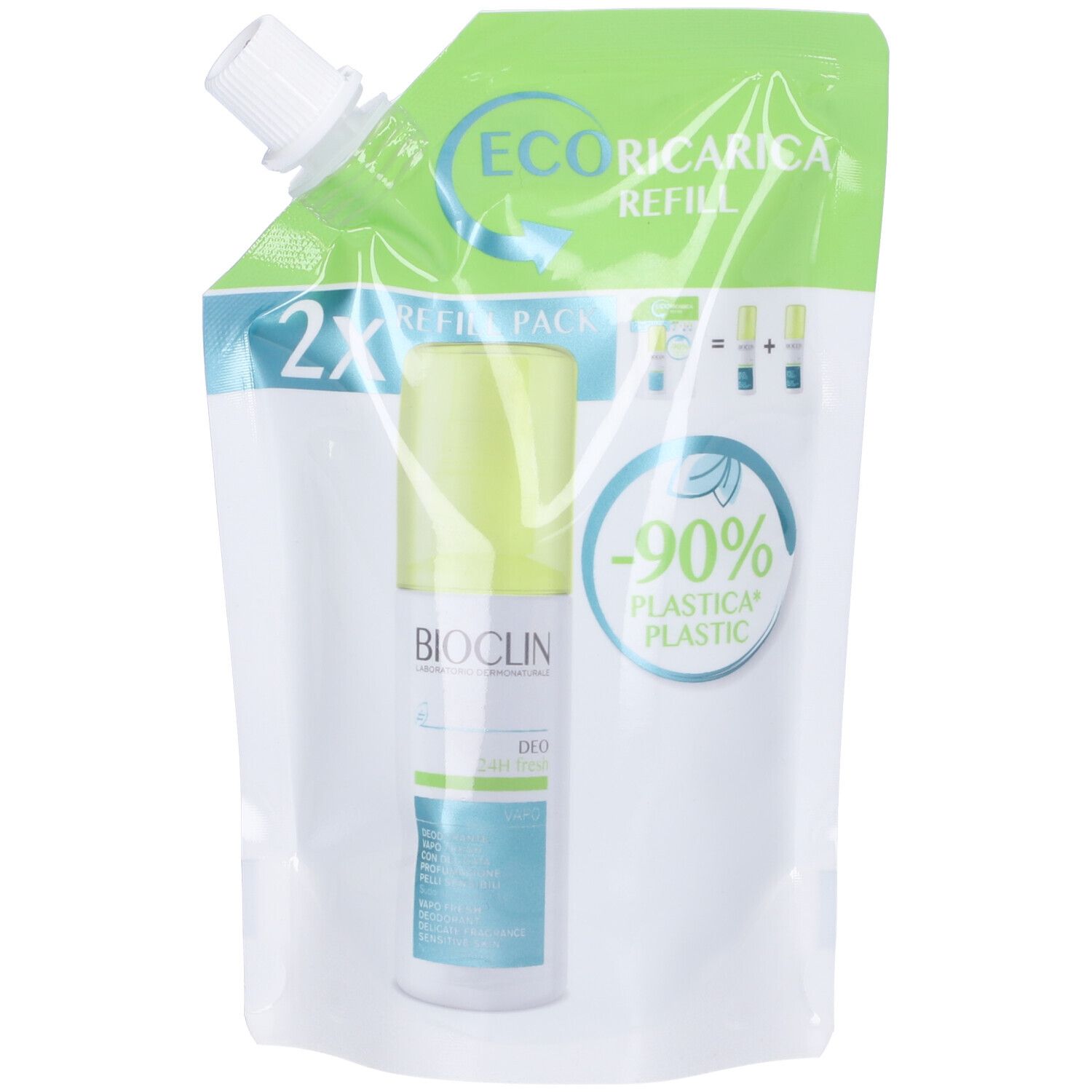 Ricarica Bioclin Deo. Contiene una bottiglia e un imballaggio verde, bianco e blu. Testo: Ecoricarica Refill.