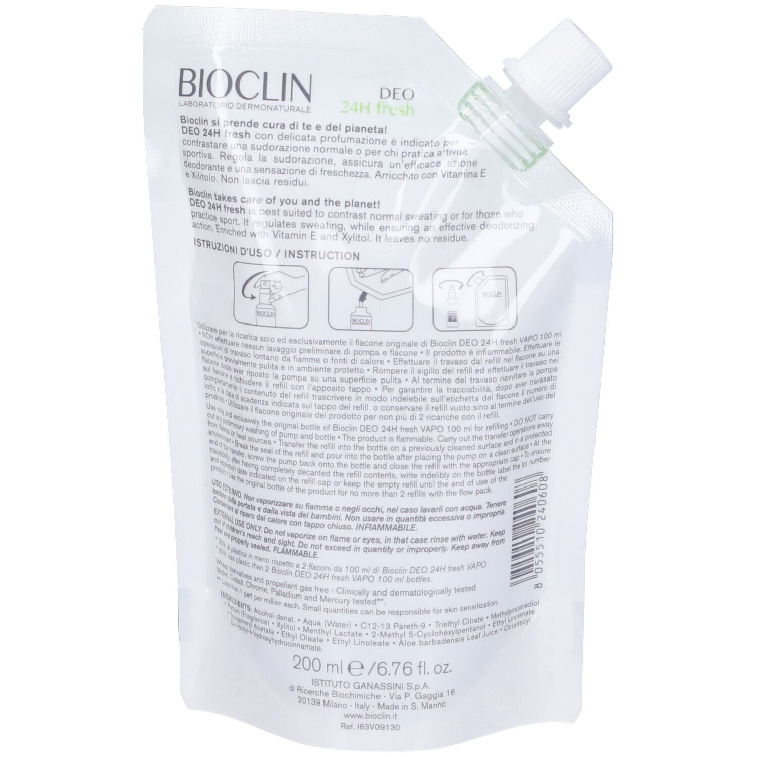 Retro della ricarica Bioclin Deo. Contiene testo e istruzioni. La busta è bianca con tappo bianco.