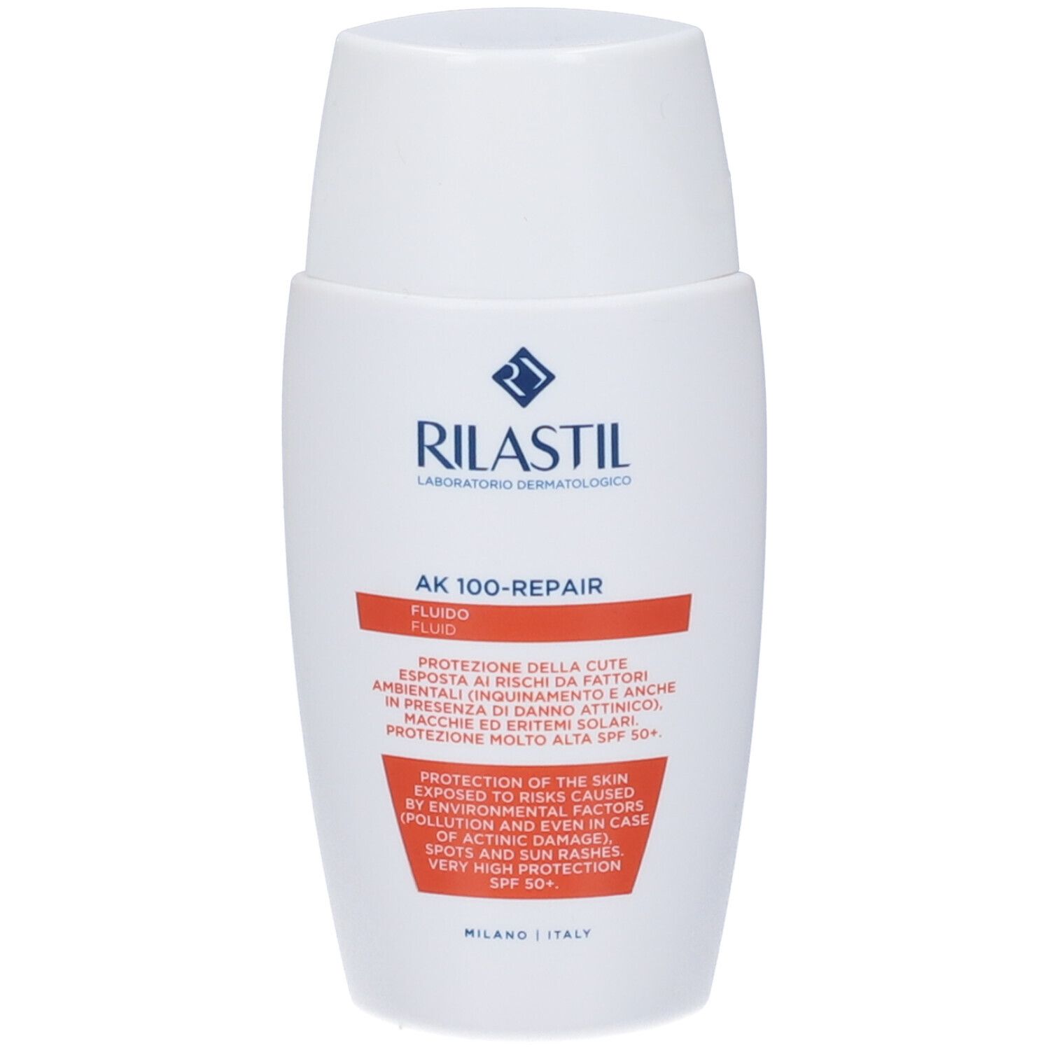 Rilastil AK 100-Repair Fluid. Flacone bianco con banda rossa e testo. Protezione solare.