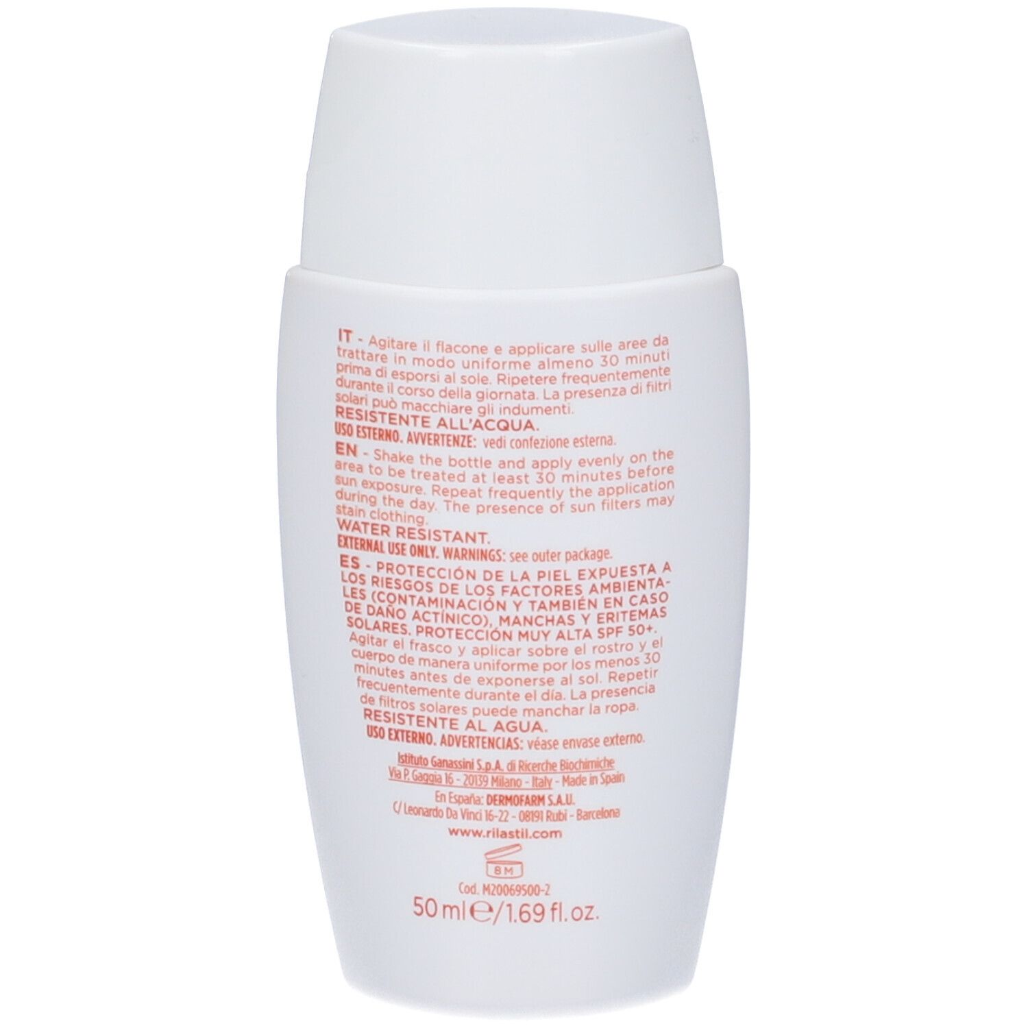 Retro del flacone Rilastil AK 100-Repair Fluid. Testo multilingue. 50ml/1.69 fl.oz.